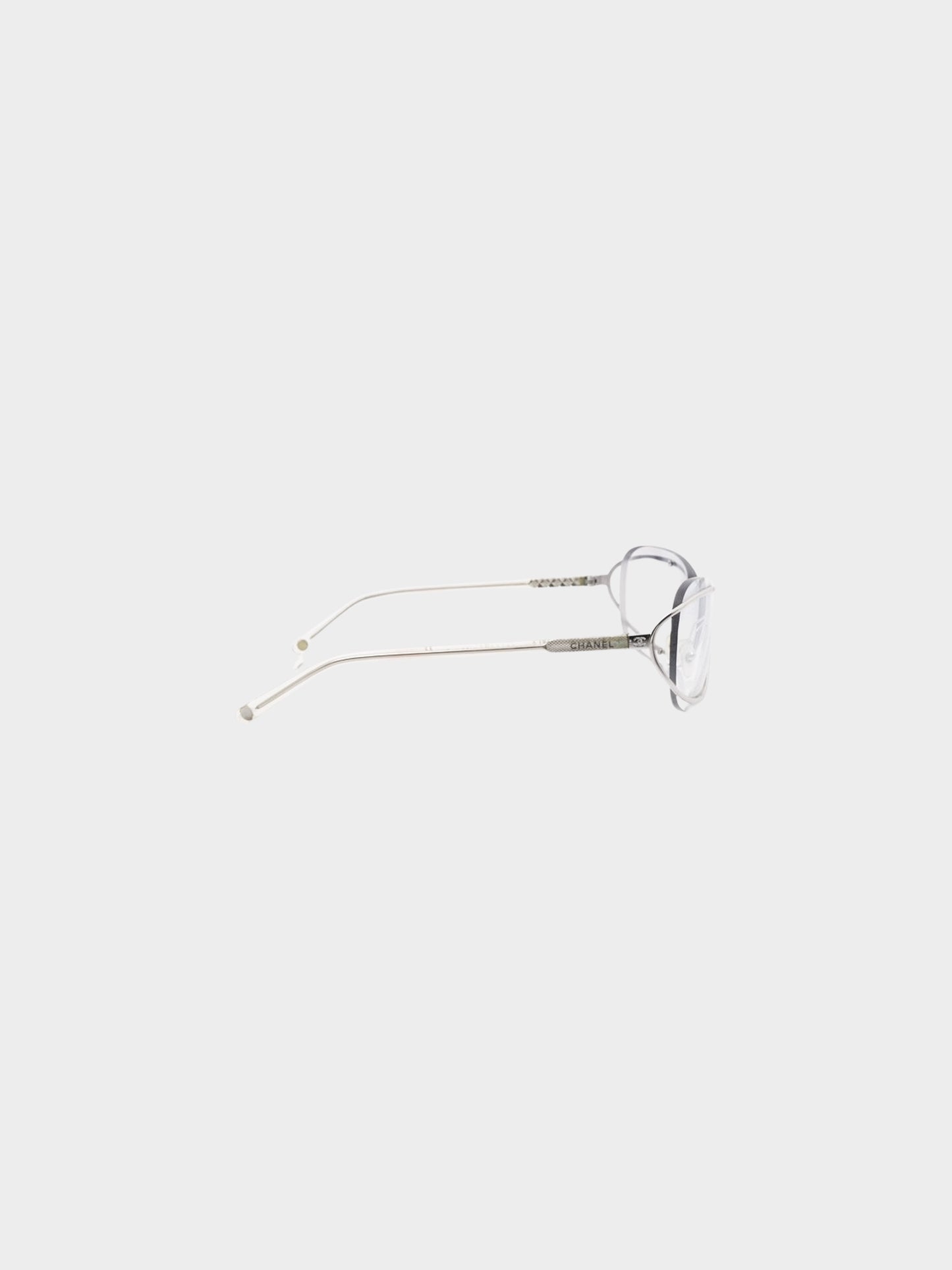 Chanel 2000s Grey and Silver Metal Frame Cat Eye Sunglasses