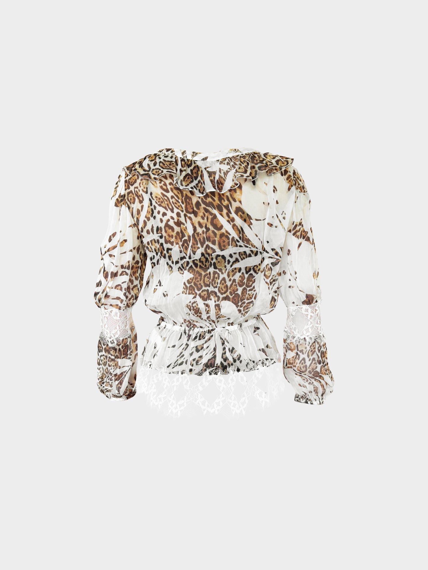 Blumarine 2010s Leopard Print Lace Inserts and Ruffles Long Sleeved Blouse