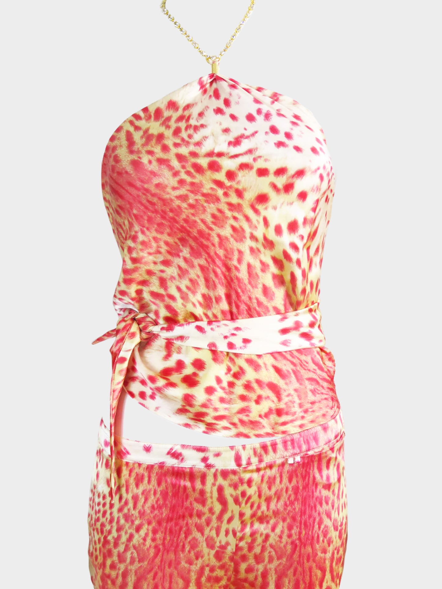 Roberto Cavalli SS 2000 Pink and Beige Cheetah Printed Silk Top and Pants Set