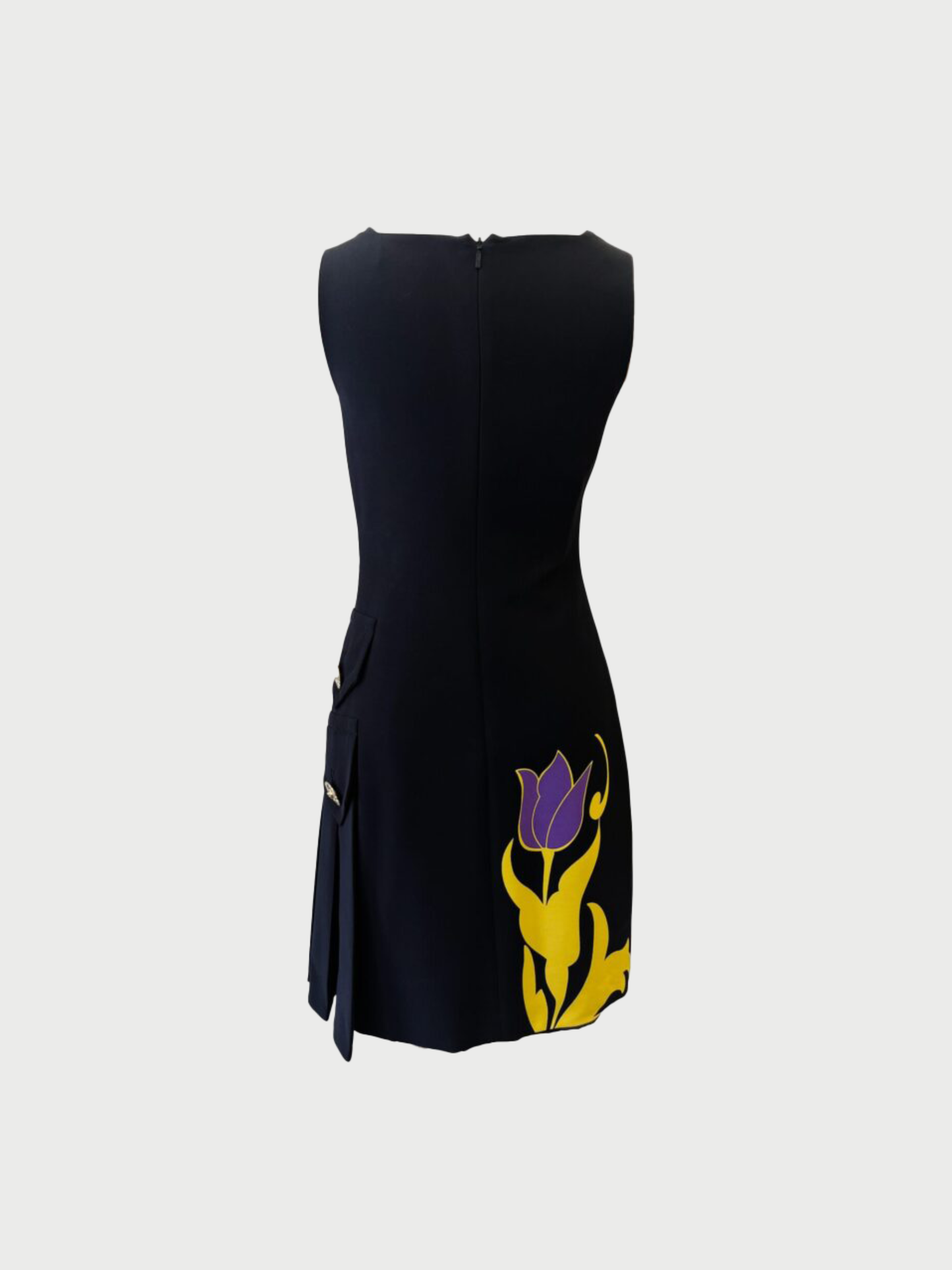Versace 2010s Black Silk Tulip Print Medusa Button Cocktail Dress