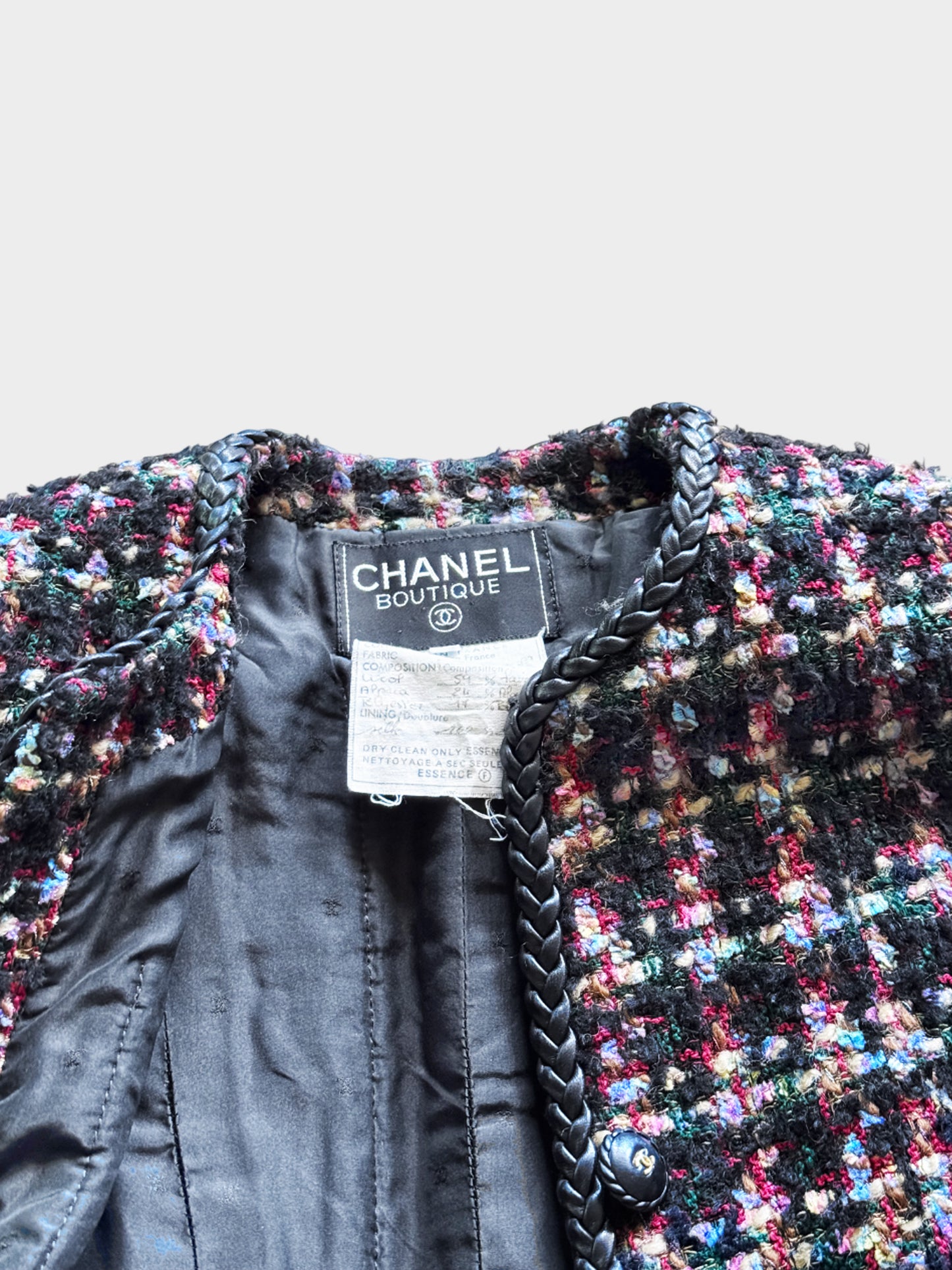 Chanel Early 1990s Multicolor Wool Tweed Boucle Jacket with Braided Leather Trim