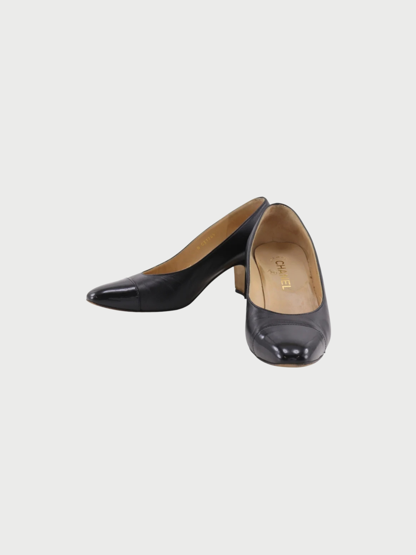 Chanel 2000s Black Leather Patent COCO Mark Cap Toe Pumps