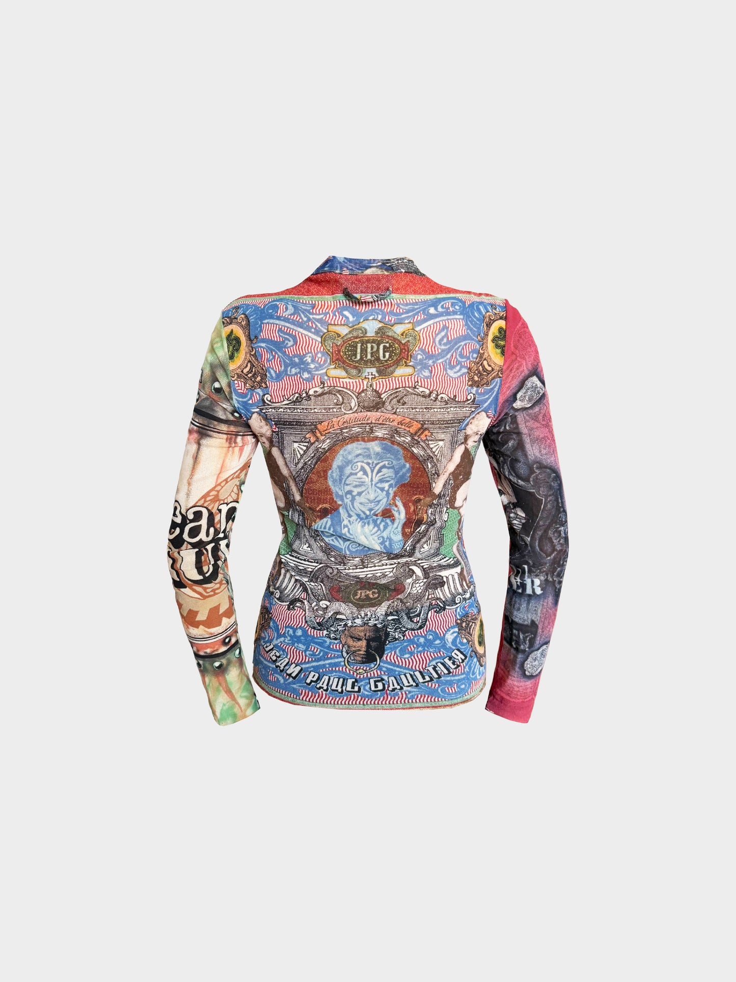 Jean Paul Gaultier 1990s Rare Multicolor "Money" Print Mesh Long Sleeve Top