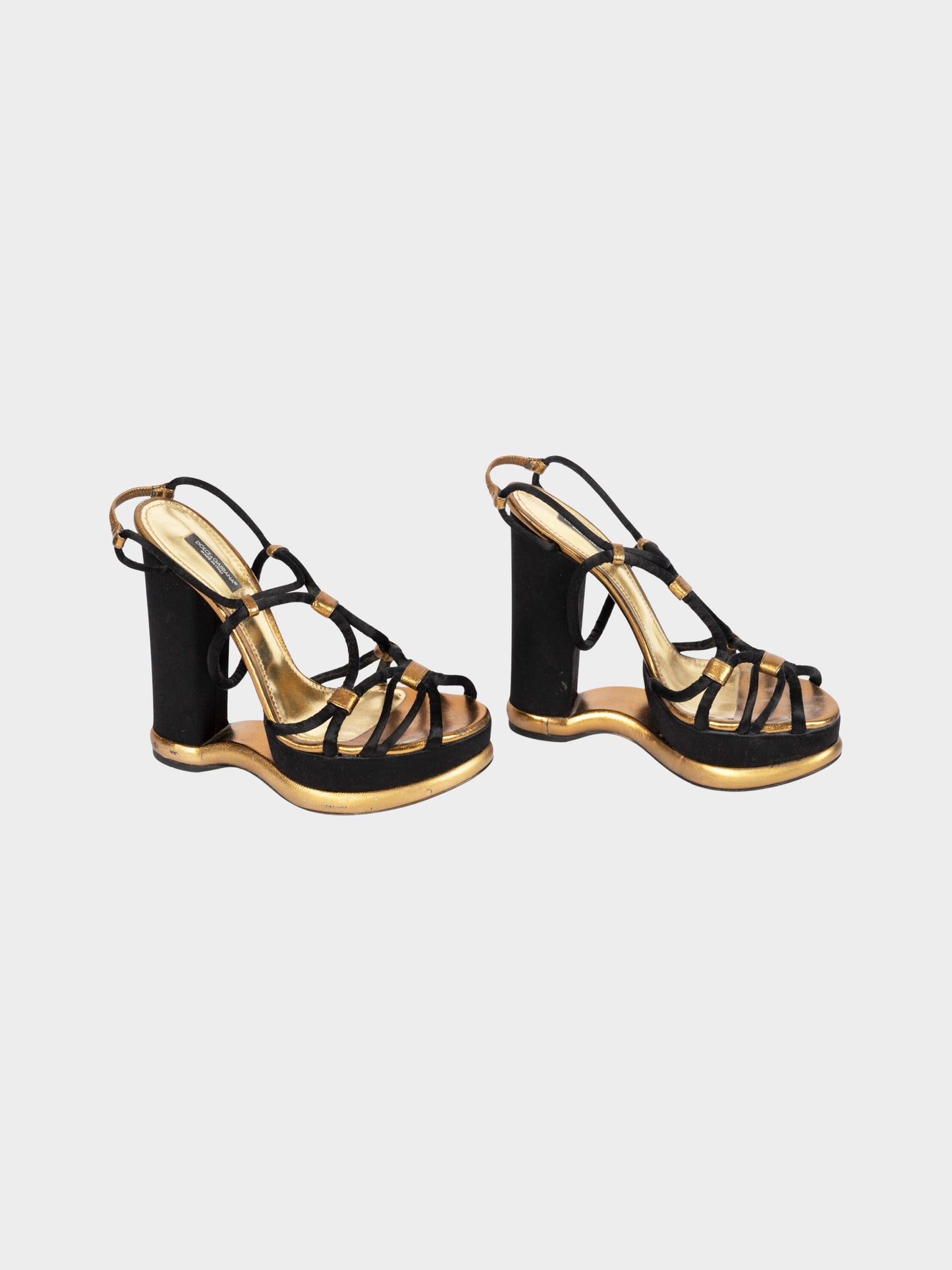 Dolce and Gabbana 2010s Black and Gold Strappy Wedge Sandals