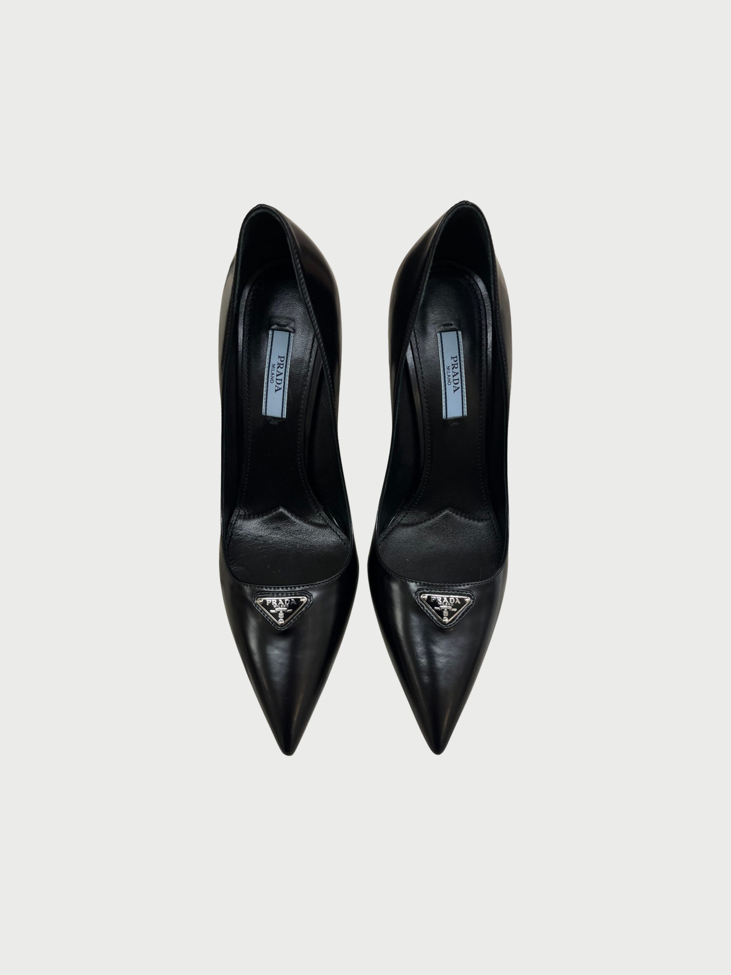 Prada 2020s Black Brushed Leather Logo Pumps