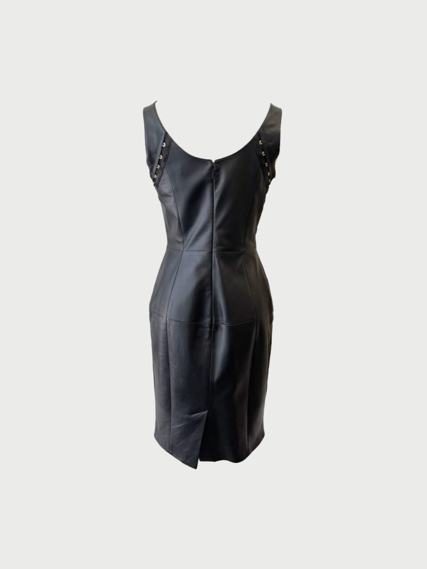 Versace 2010s Black Lambskin Leather Corset Hook Dress