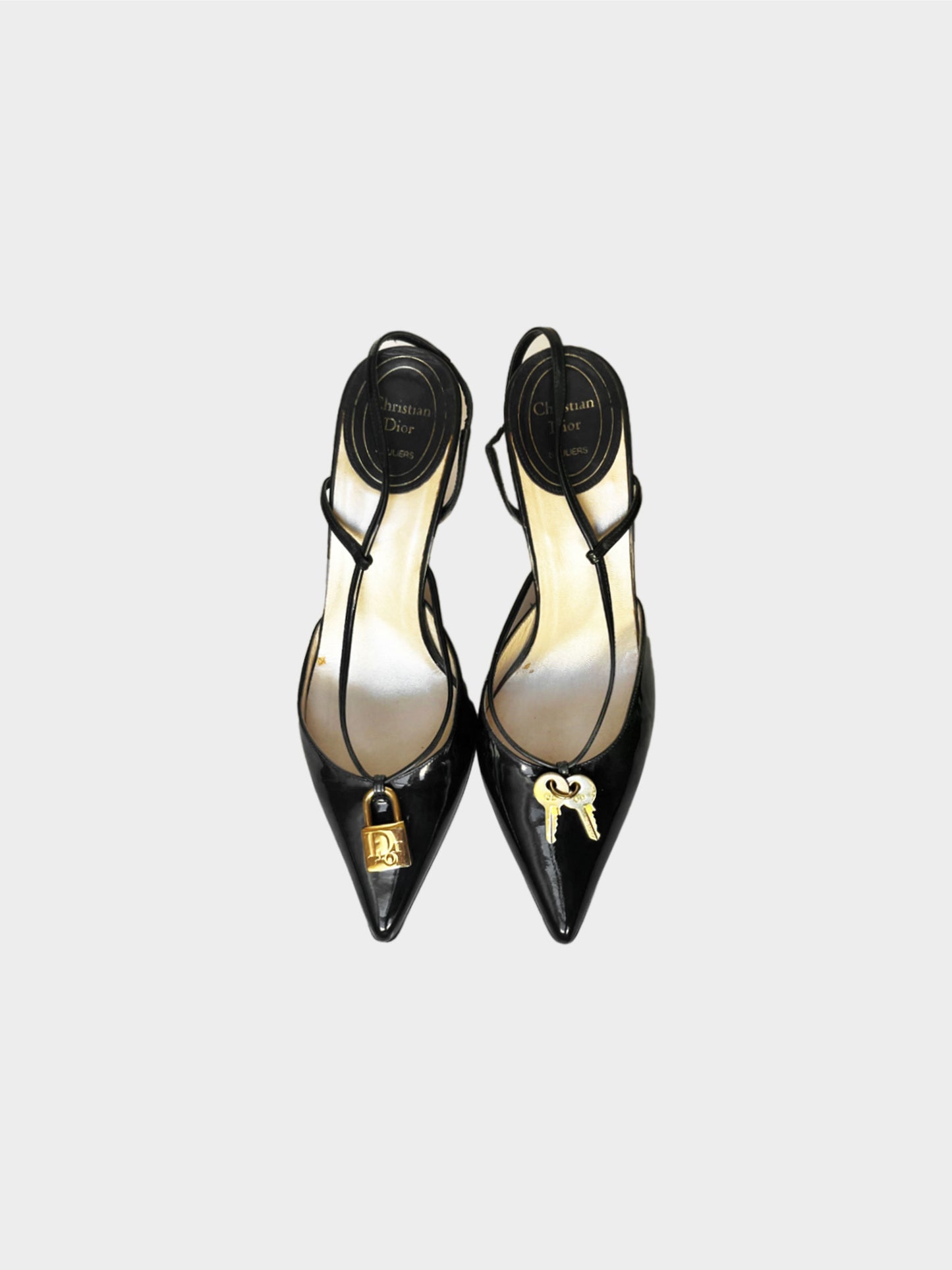 Christian Dior 2000s Black Lock and Key Patent Leather Slingbacks