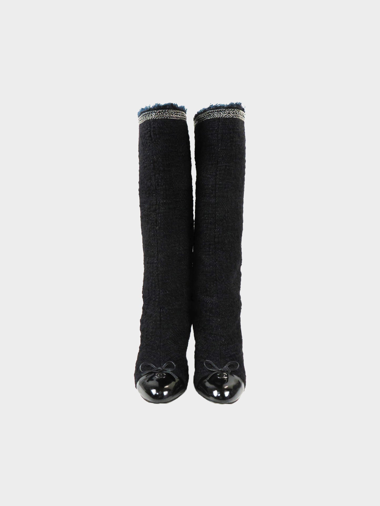 Chanel 2010s Black Tweed and Chain CC Signature Cap Toe Boots
