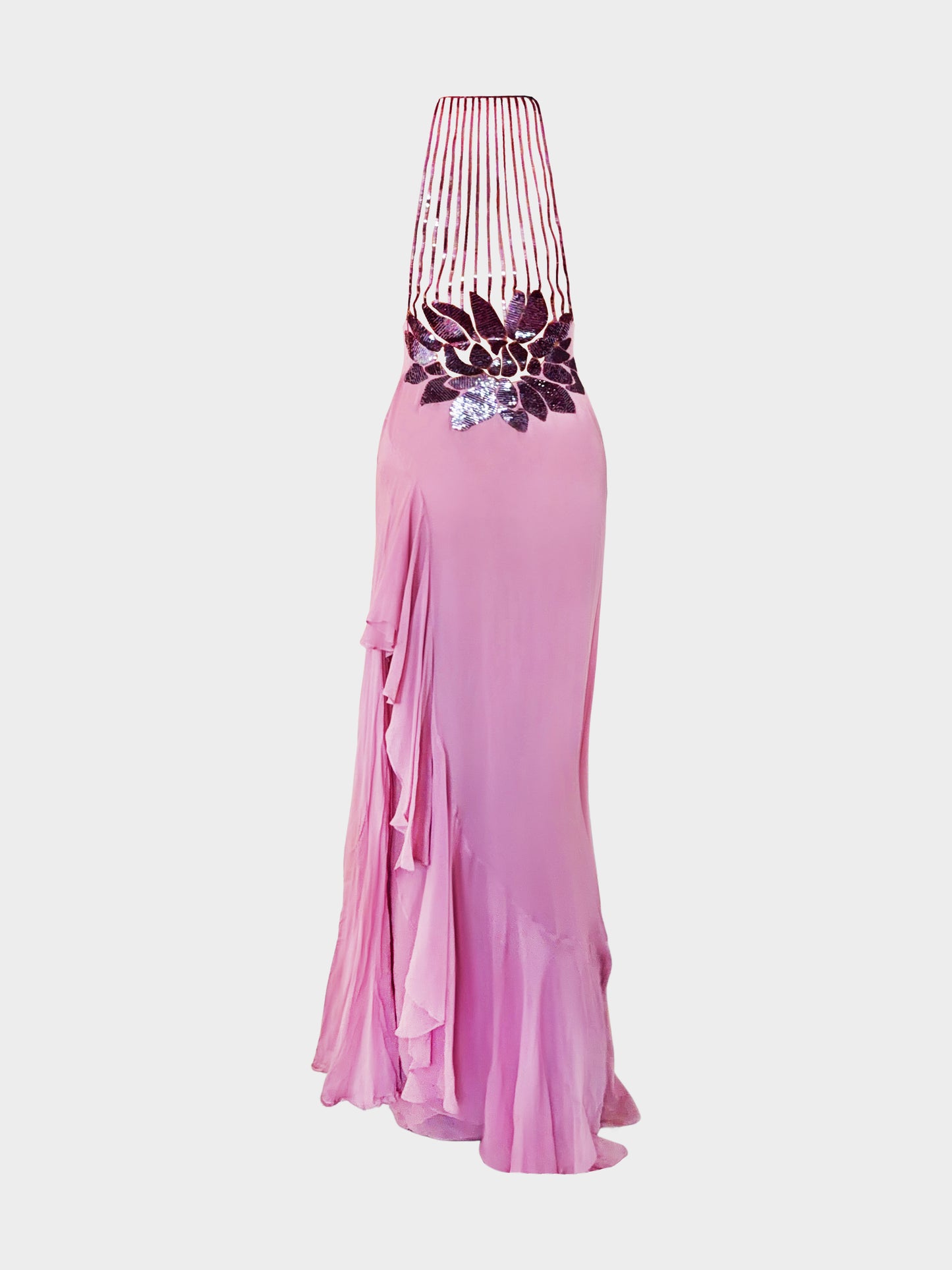 Gai Mattiolo 2000s Pink Chiffon Floral Motif Sequin Ruffled Long Dress