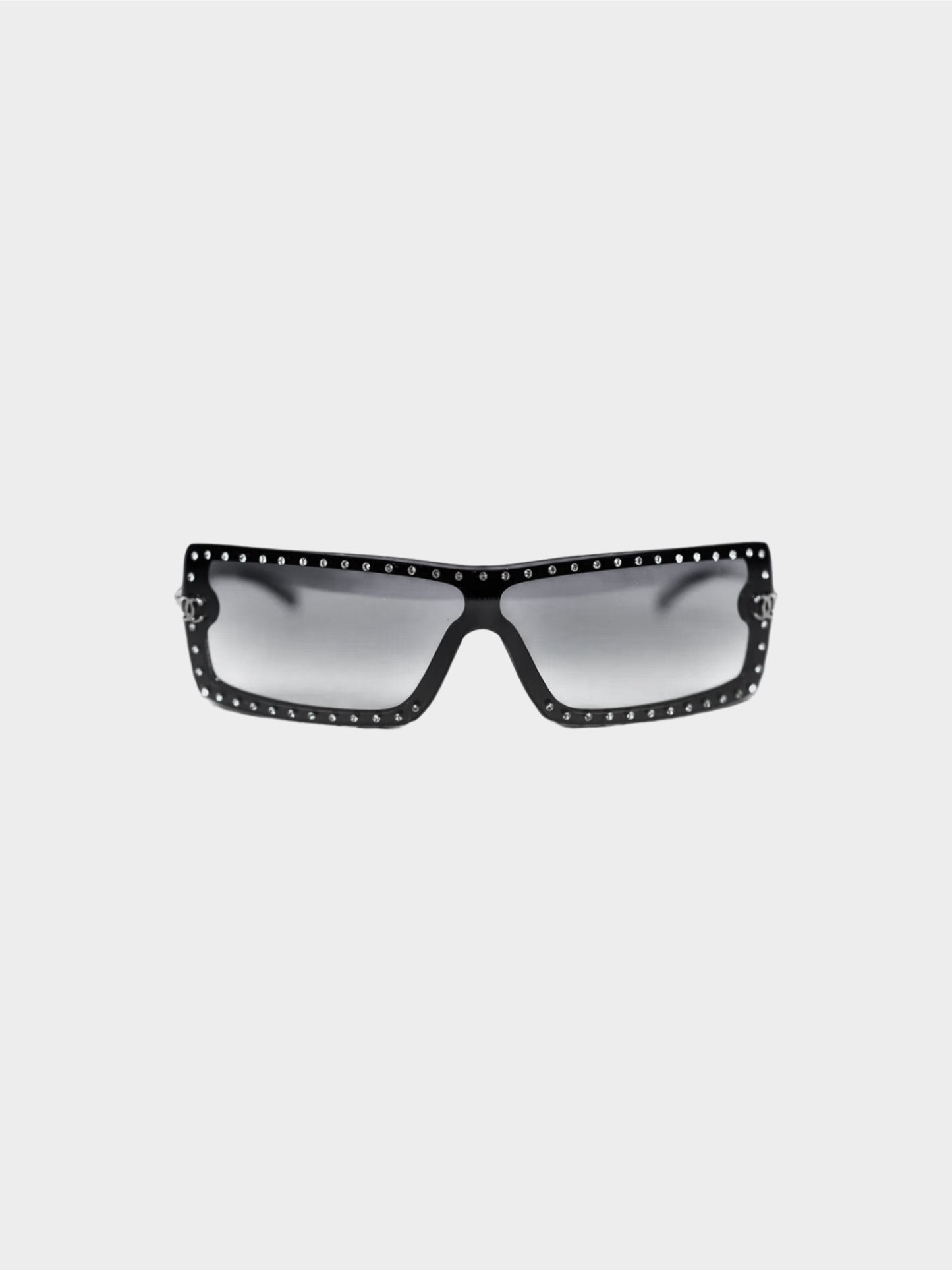Chanel by Karl Lagerfeld 2000s Gradient Black Rectangular Rhinestone Studded Sunglasses