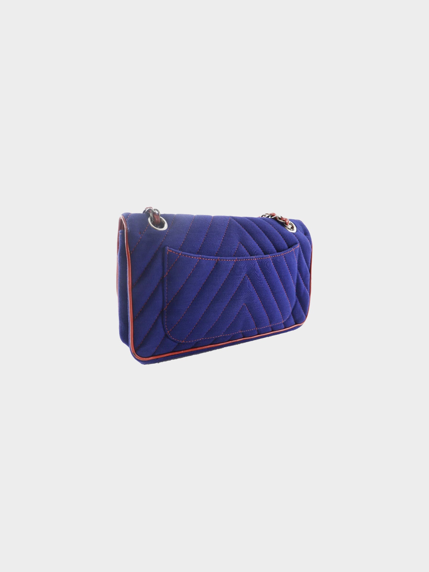 Chanel 2010 Navy Blue Cotton Chevron Stitch and Lion Turn lock Flap Bag