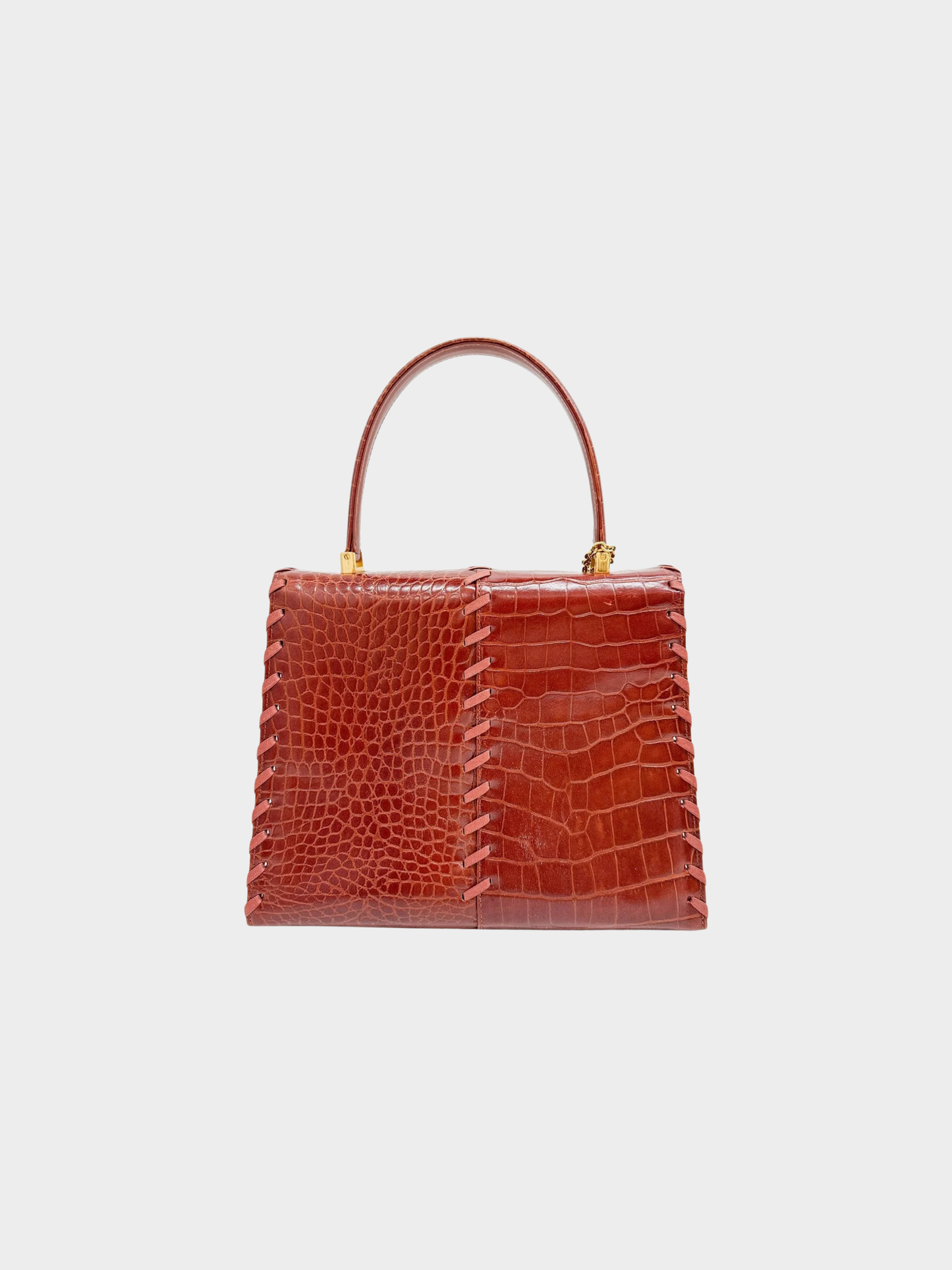 Yves Saint Laurent 1990s Cognac Croc-Embossed Lace-Up Handbag