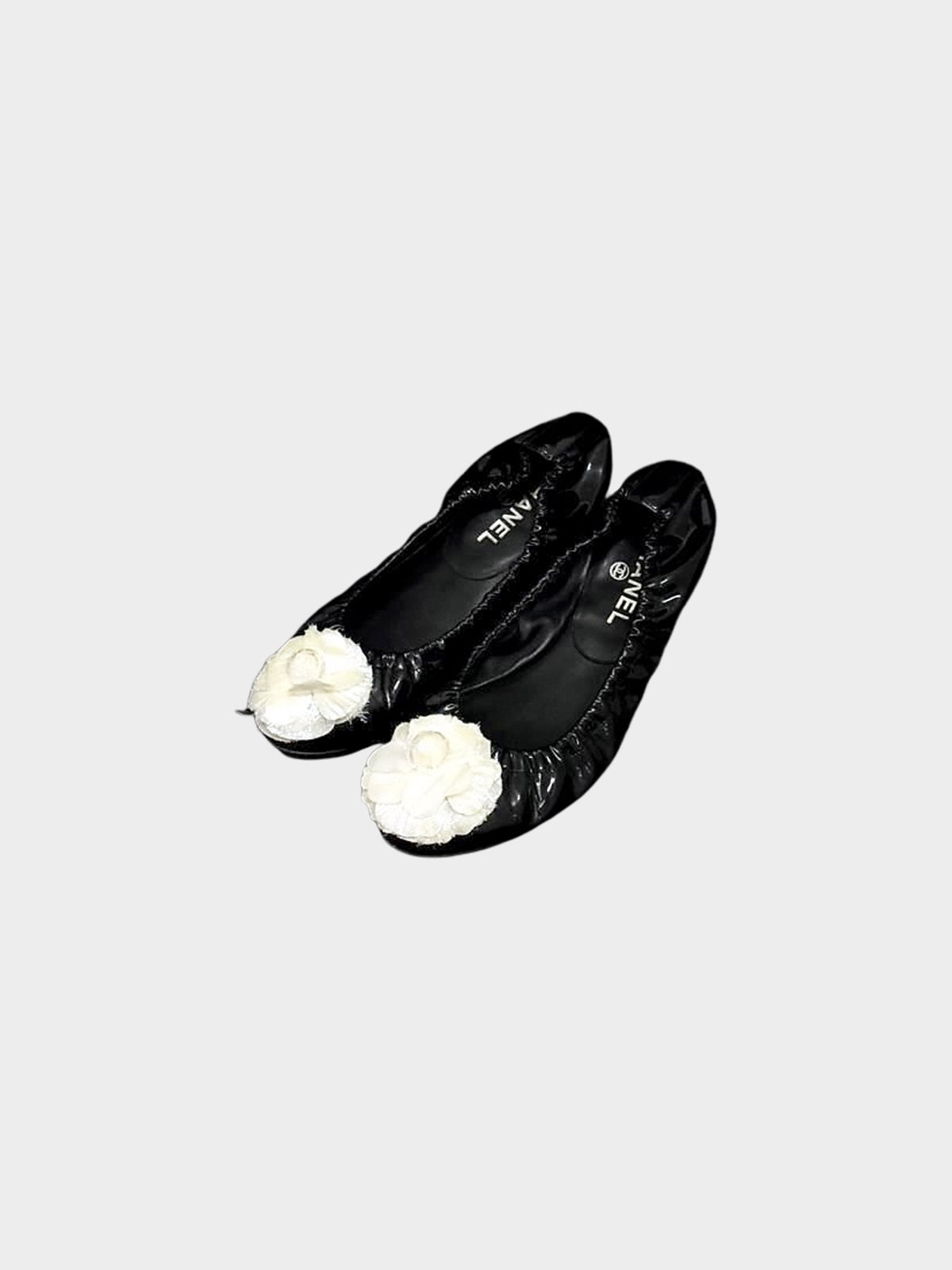 Chanel 2000s Black Patent Leather Camellia Ballet Flats