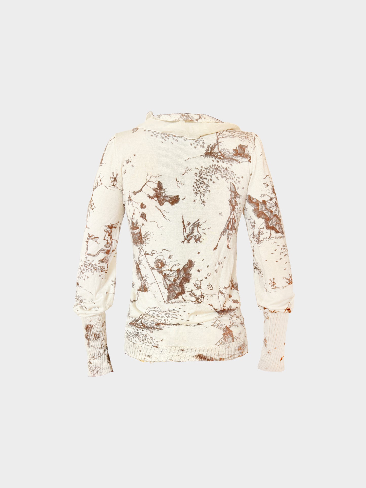John Galliano 2000s Beige Landscape Print Ruffled Long Sleeved Top