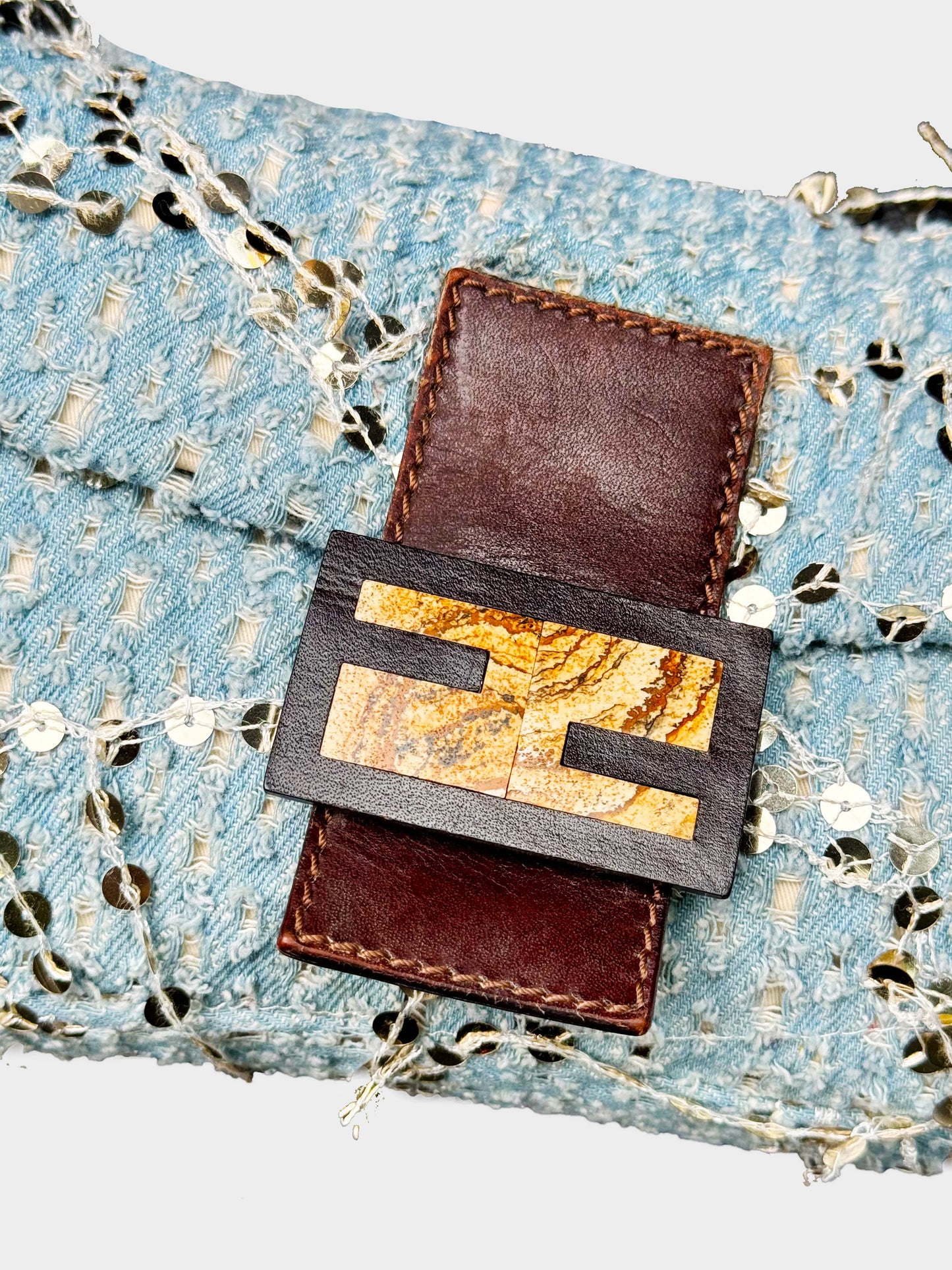 Fendi 2000s Rare Denim Blue Sequin and Glitter Baguette Bag