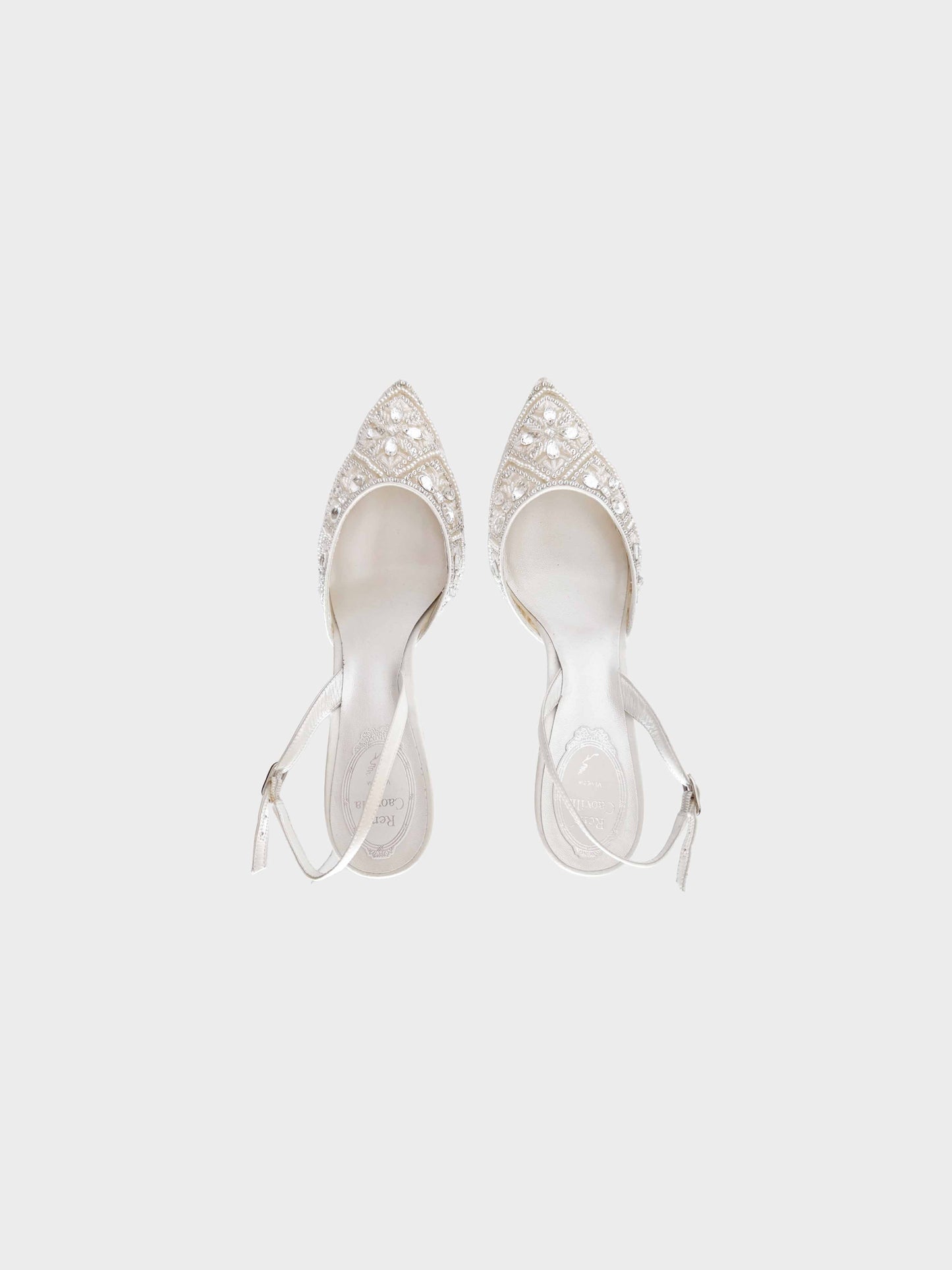 René Caovilla 2010s White and Silver Beaded Slingback Heels