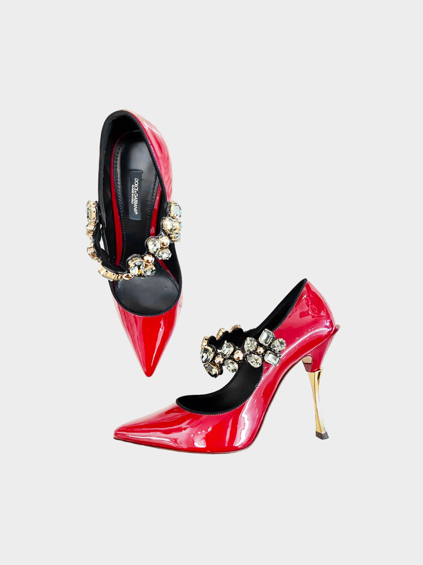 Dolce and Gabbana 2020s Crystal Strap Red Patent Leather Mary Jane Pumps