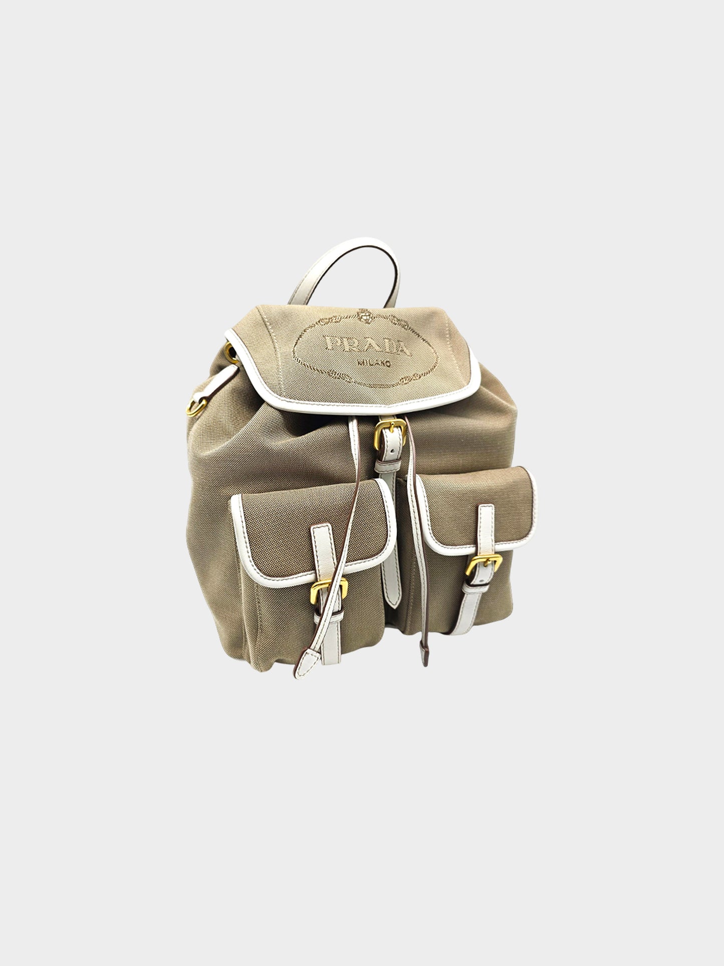 Prada 2000s Beige and White Canvas and Leather Backpack