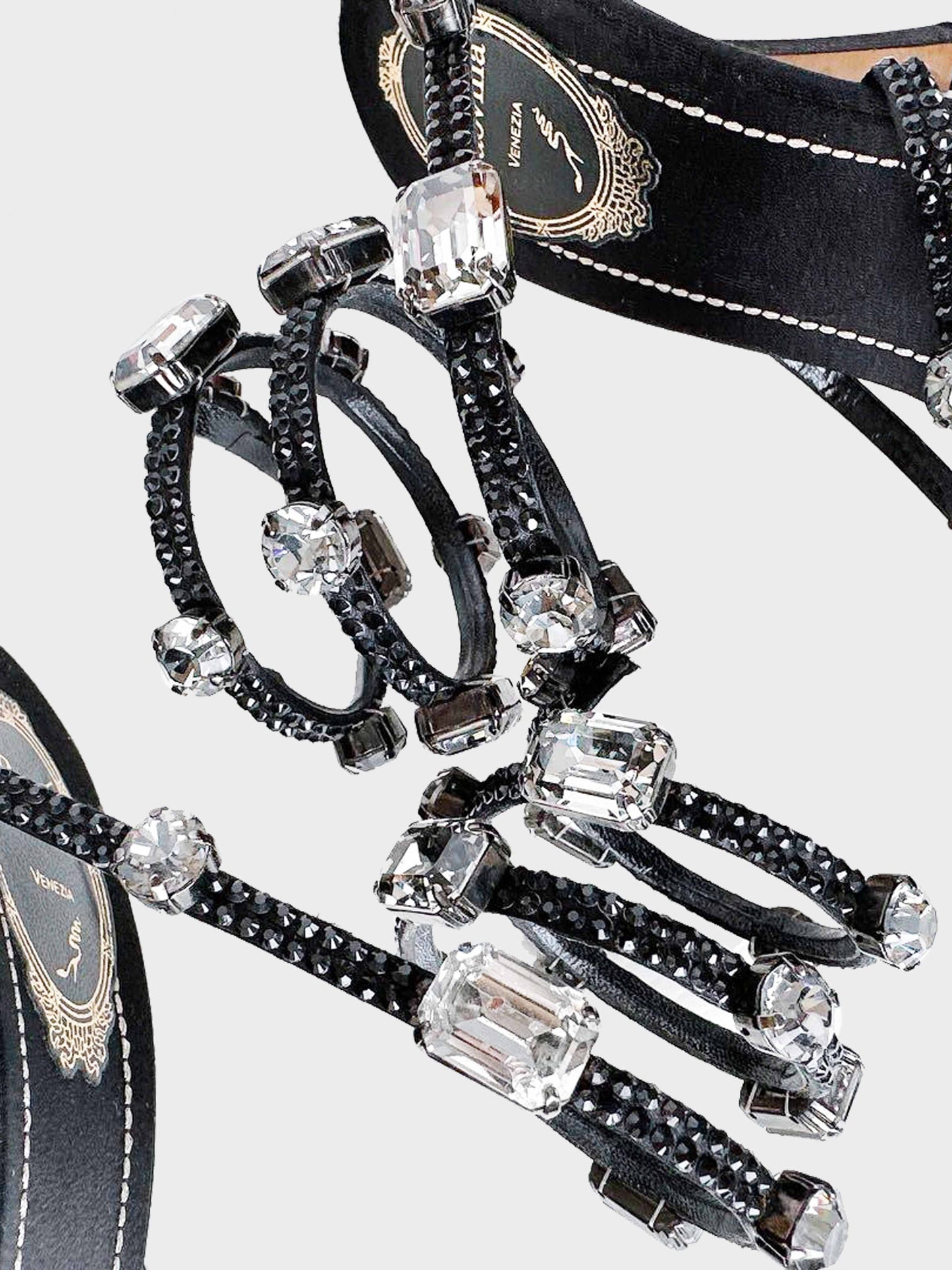 René Caovilla 2010s Black Satin Jeweled Heels
