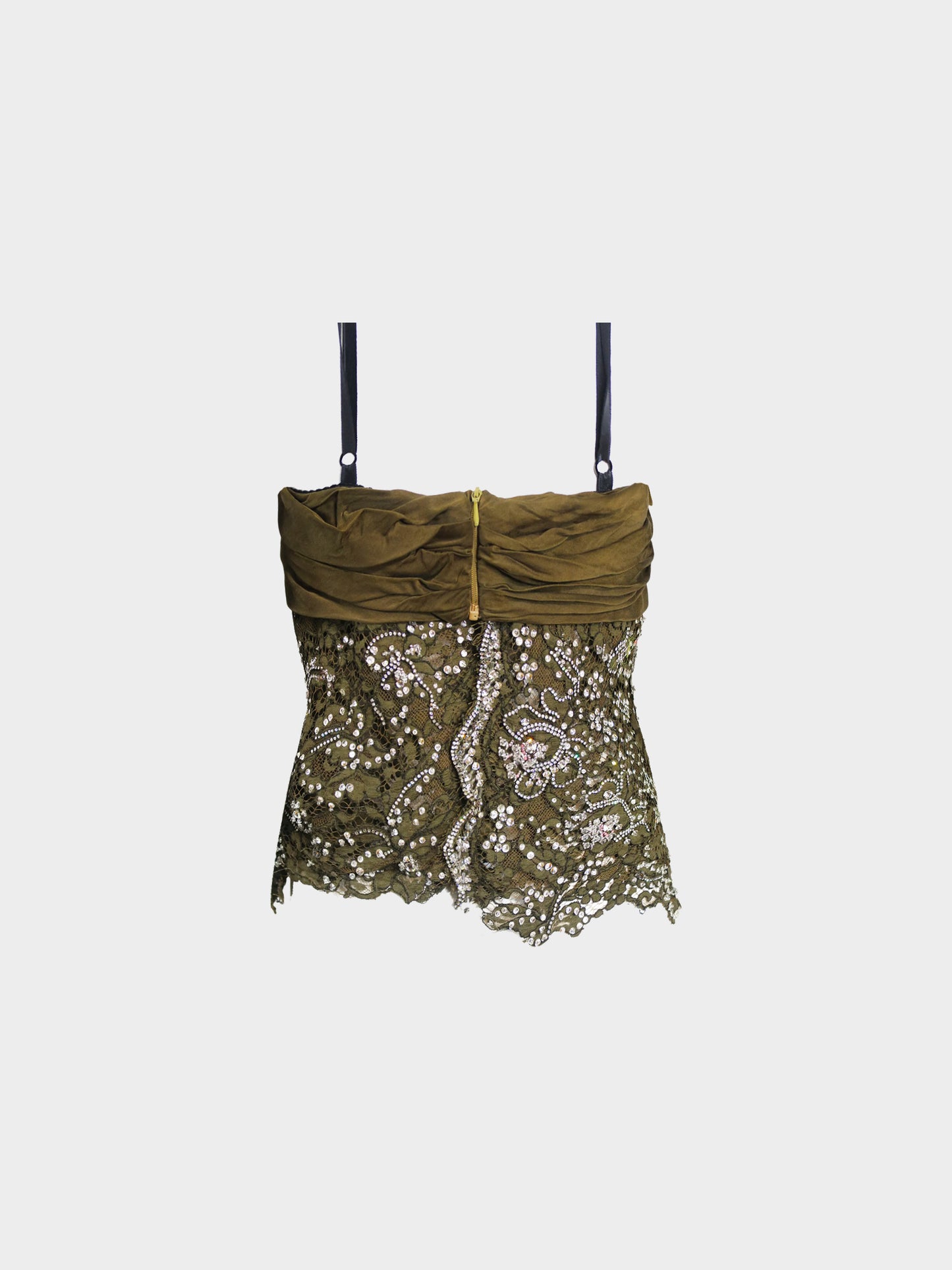 Dolce and Gabbana SS 2000 Army Green Lace and Rhinestones Bustier Top