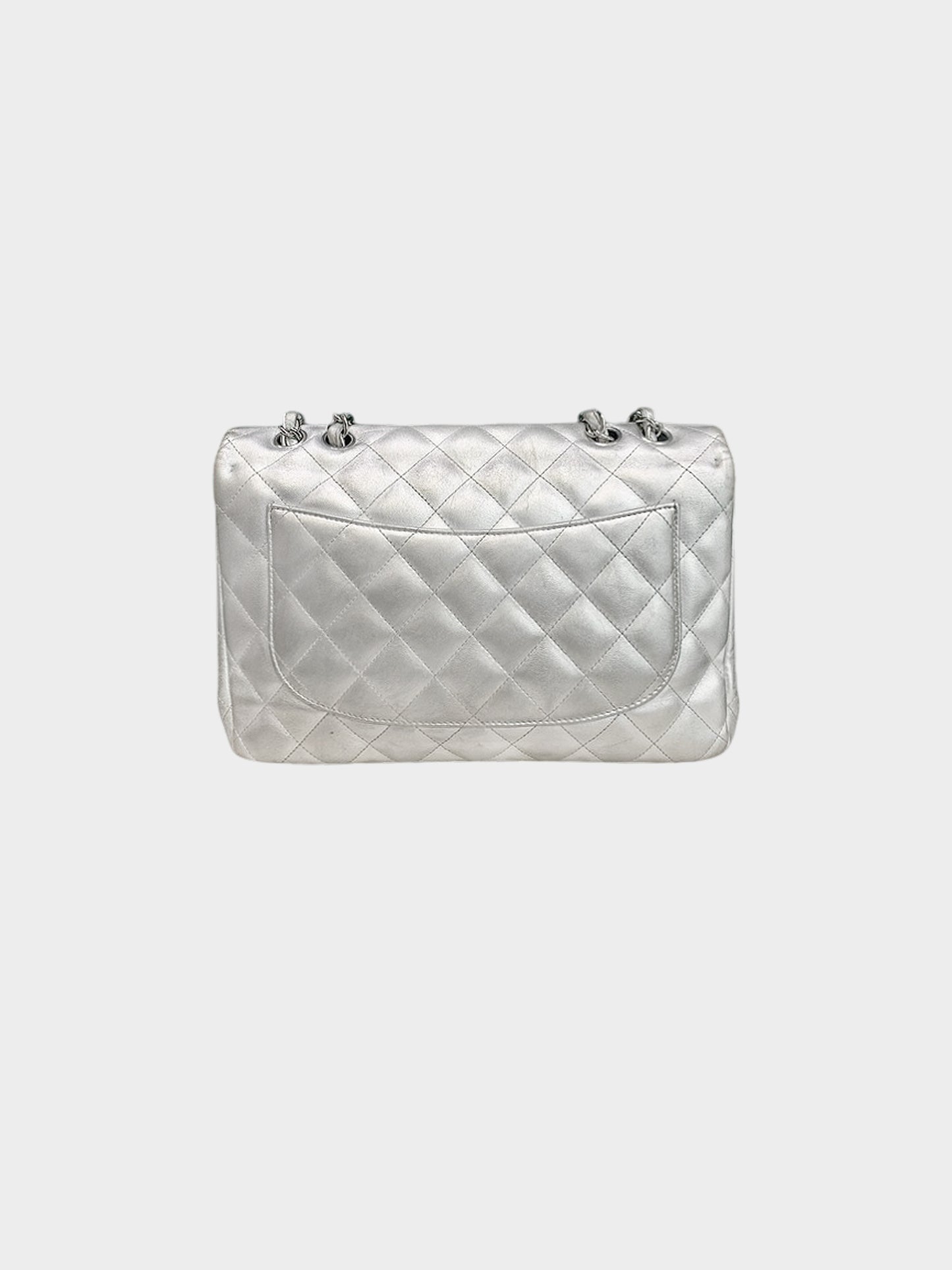 Chanel 2009-2010 Metallic Silver Lambskin Classic Jumbo Flap Bag