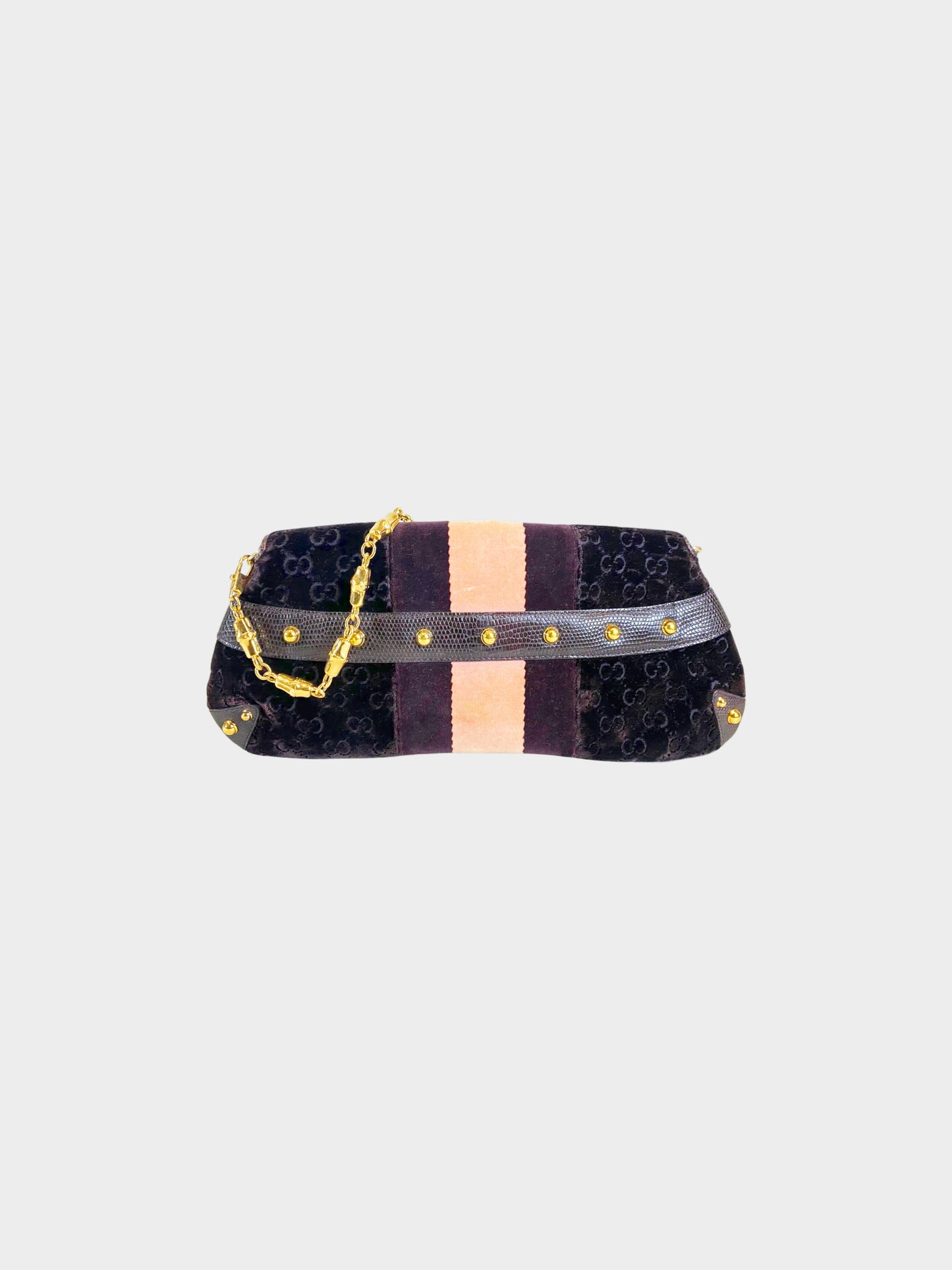 Gucci by Tom Ford 2000s Purple and Pink Velevet with Lizard Leather GG Monogram Horsebit Bag