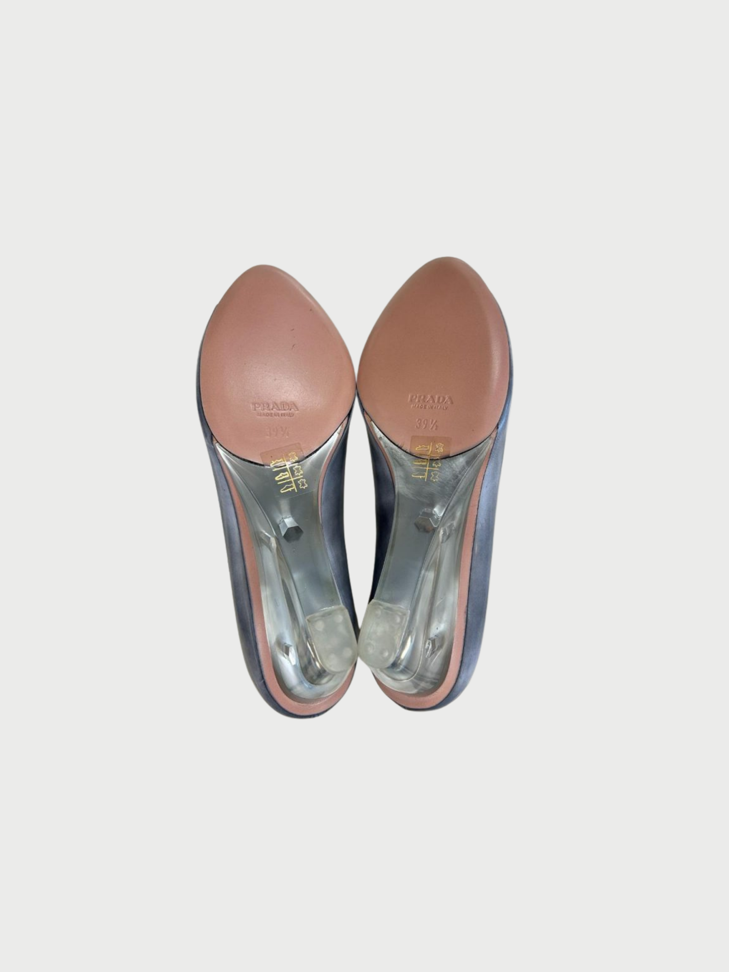 Prada SS 1998 Grey Leather Lucite Wedge Peep Toe Heels