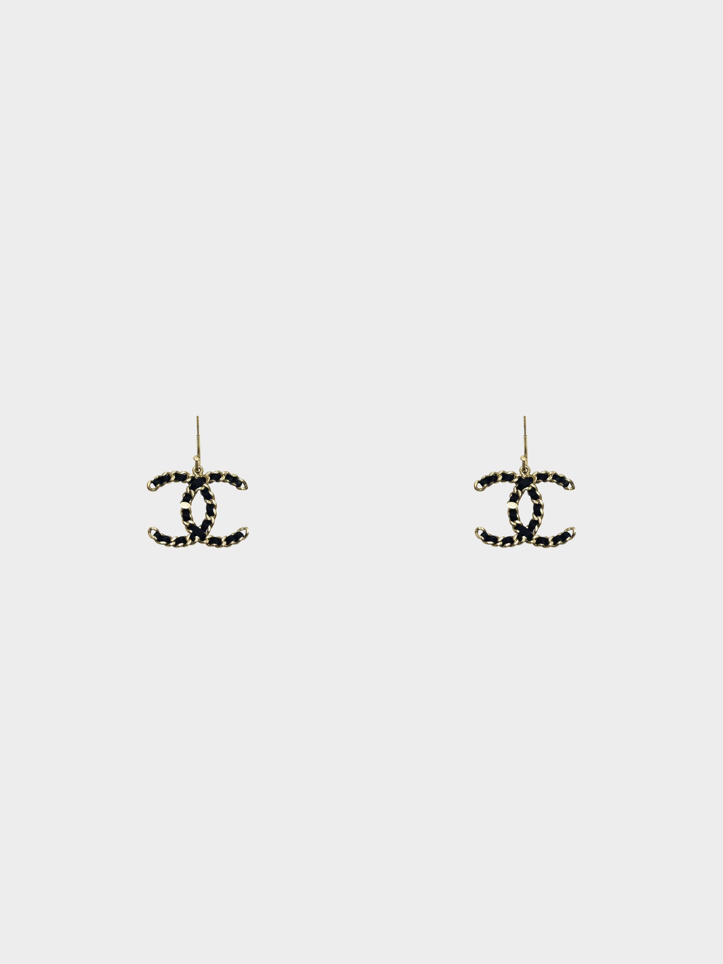 Chanel Fall 2011 Black Leather Woven CC Chain Link Drop Earrings
