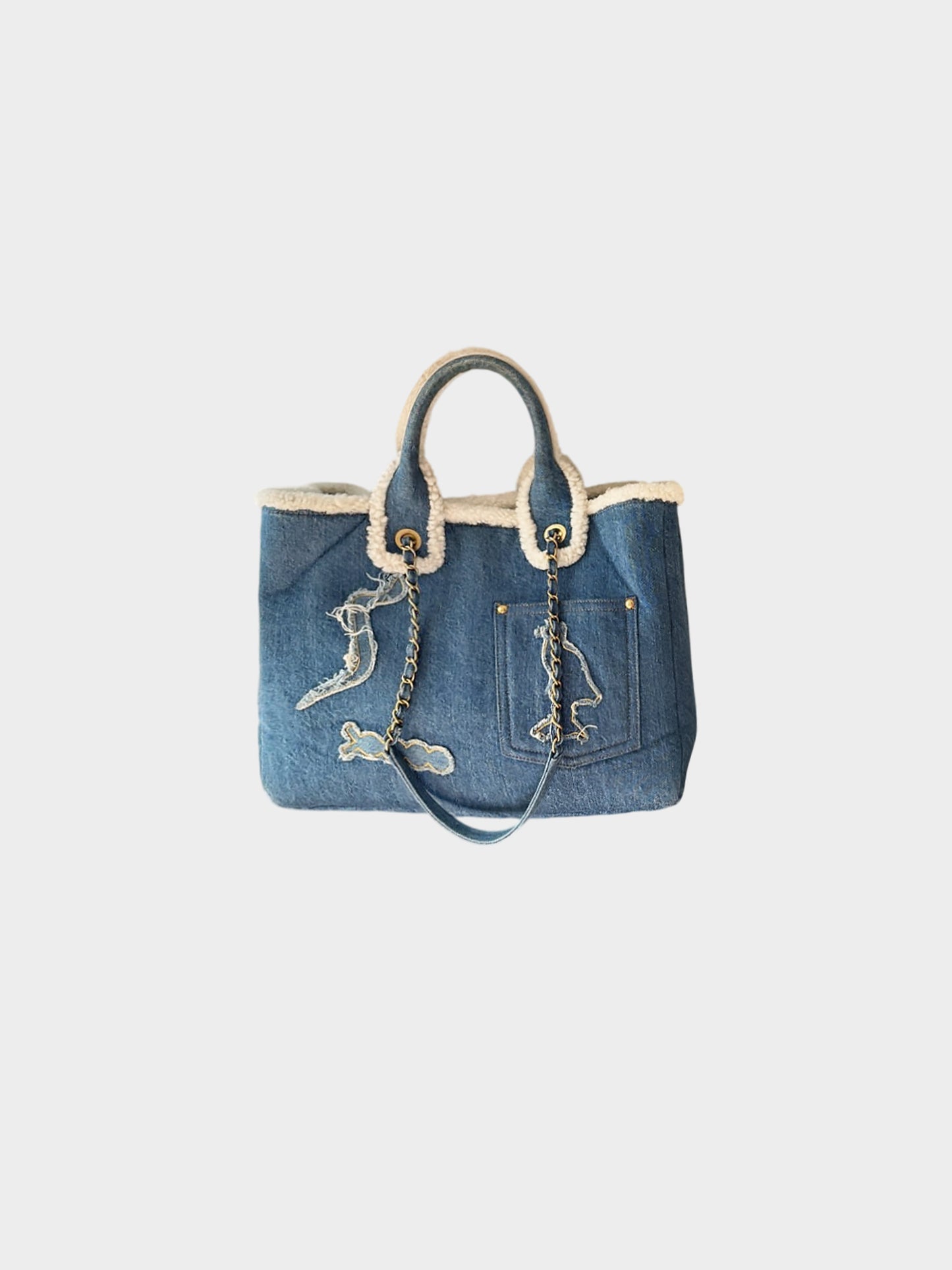 Chanel 2019 Denim Blue Paris-Egypt and Shearling Hieroglyph CC Tote Bag