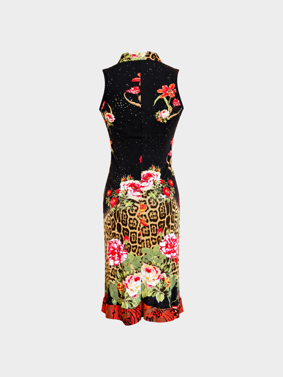 Roberto Cavalli Class SS 2002 Multicolor Leopard Floral Print Beaded Midi Dress