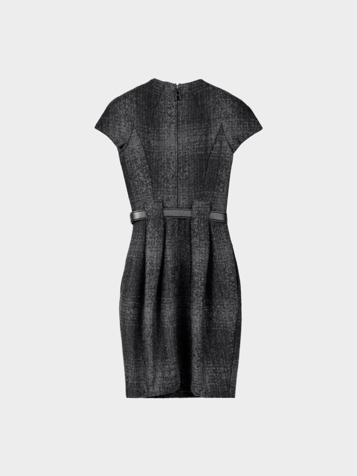 Prada 2009 Grey Tweed Belted Cap-Sleeve Dress