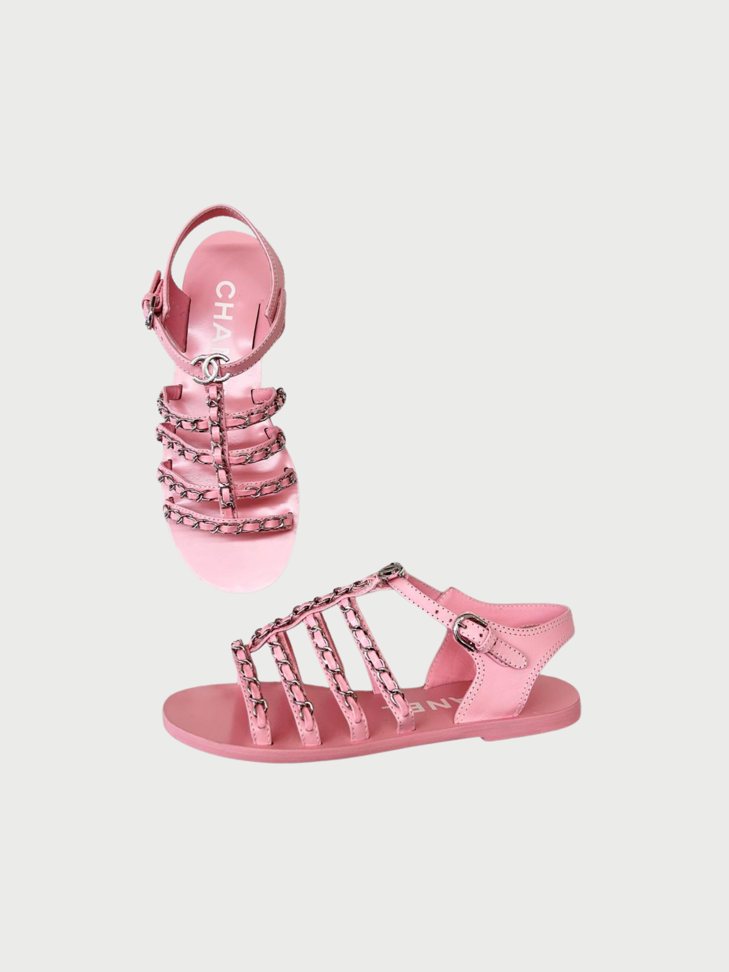 Chanel SS 2021 Pink Leather Multi Strap Chain Sandals