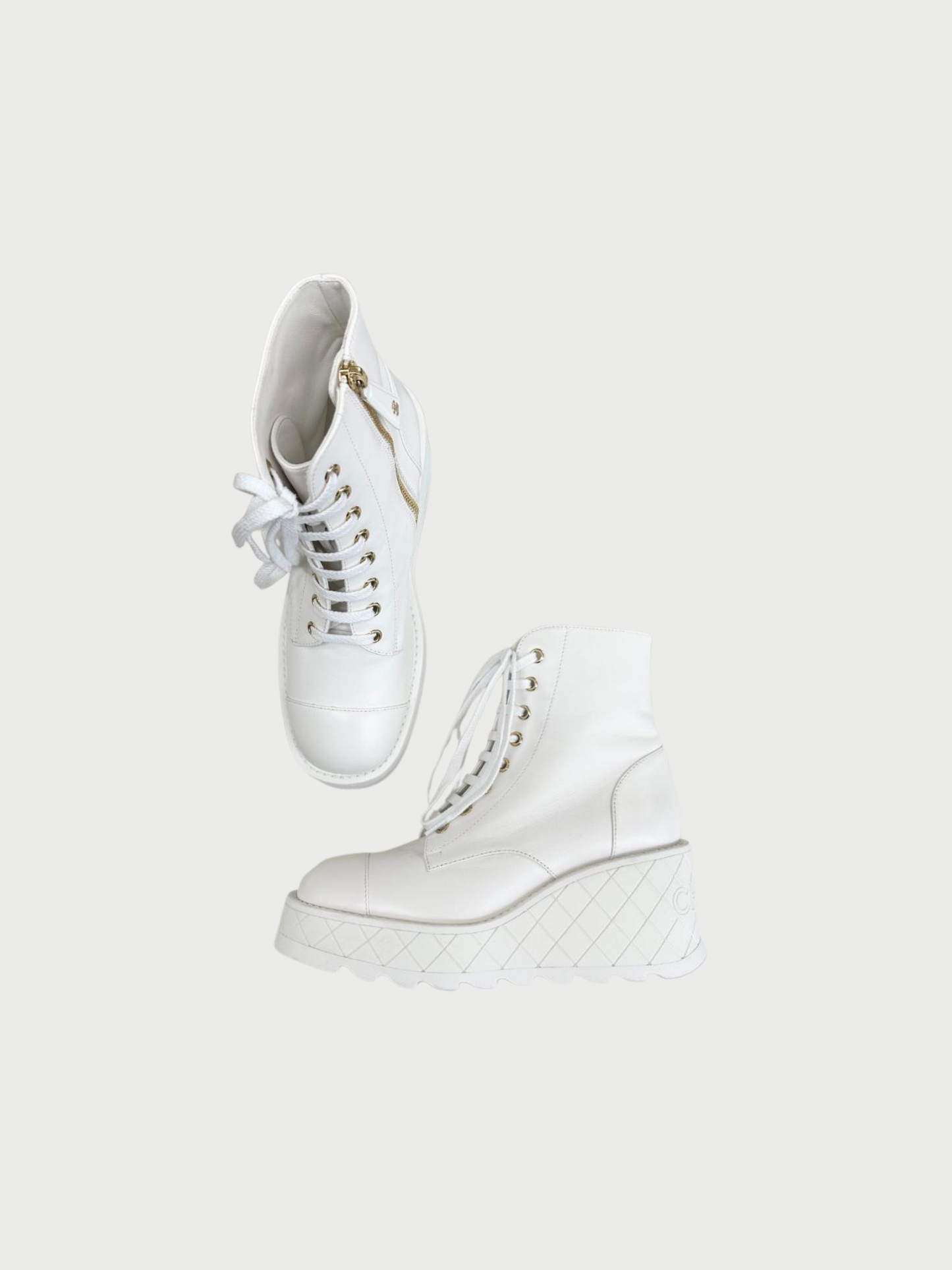 Chanel 2024 White Leather Wedge Combat Boots