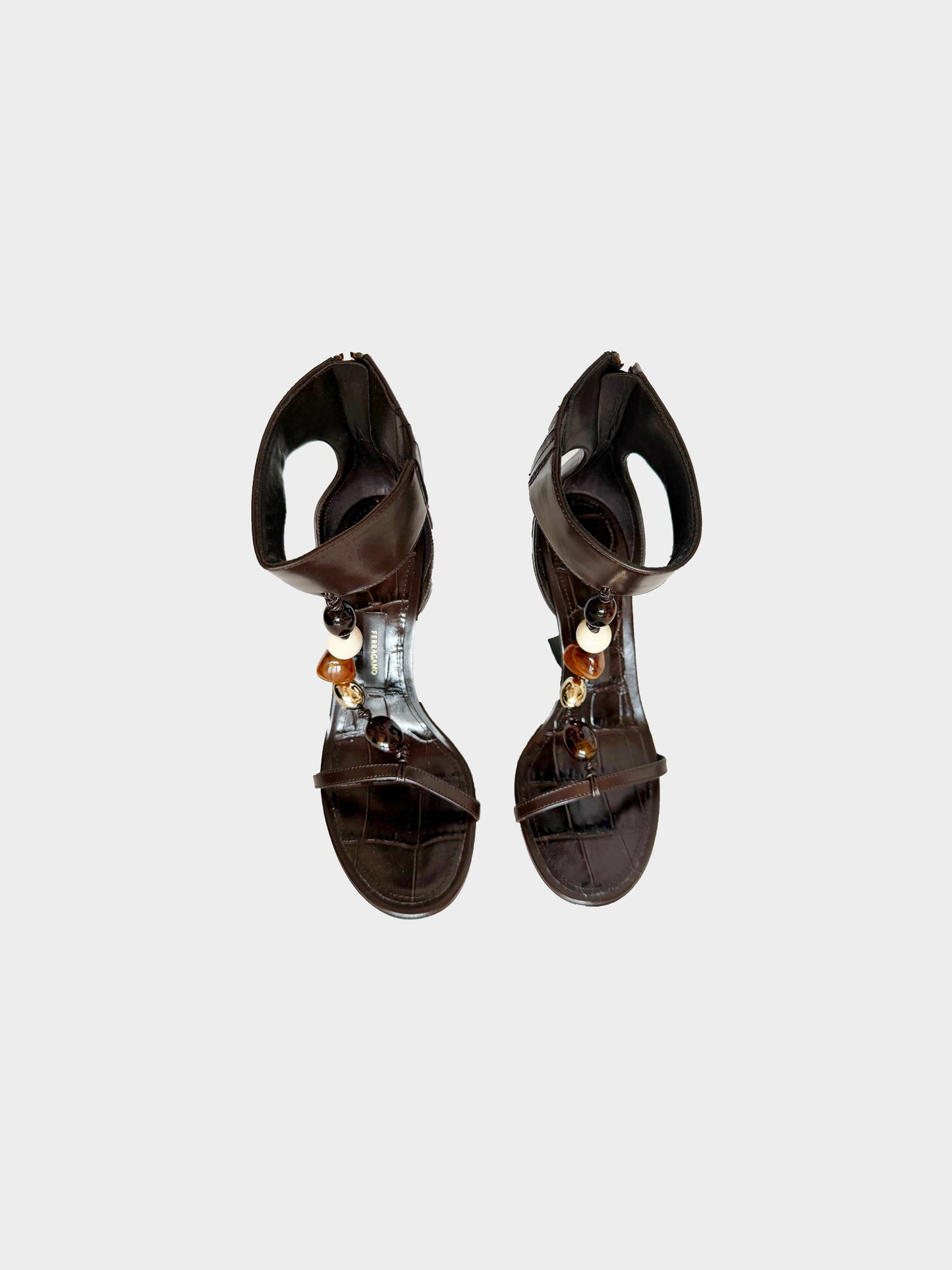 Ferragamo SS 2024 Brown Leather Selene Stone-embellished Wedge Heels