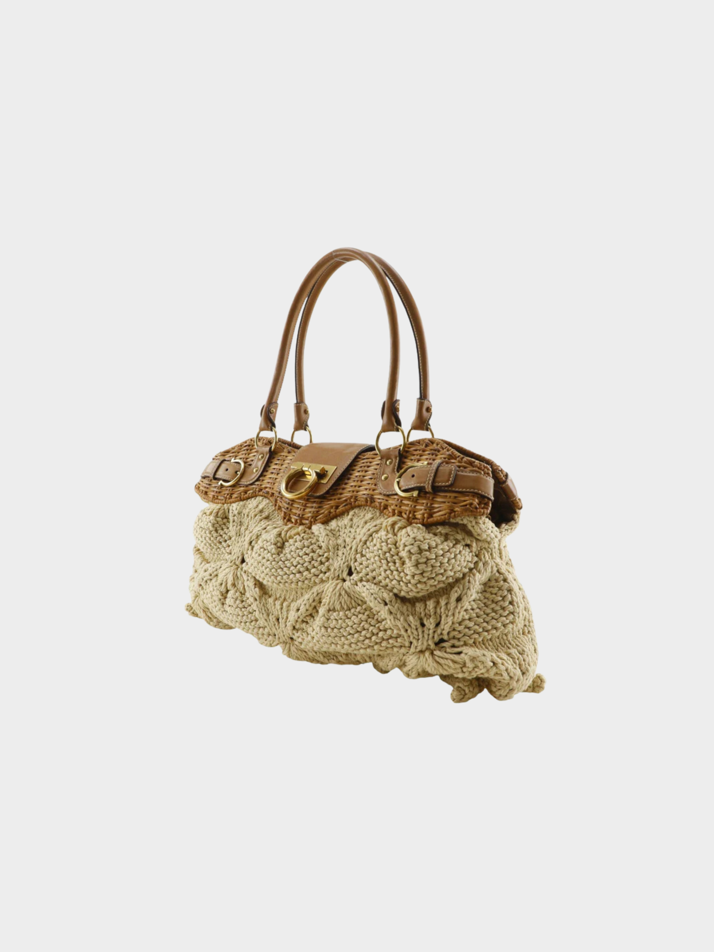 Salvatore Ferragamo 2000s Beige Rattan Cotton Gancini Marissa Tote Bag