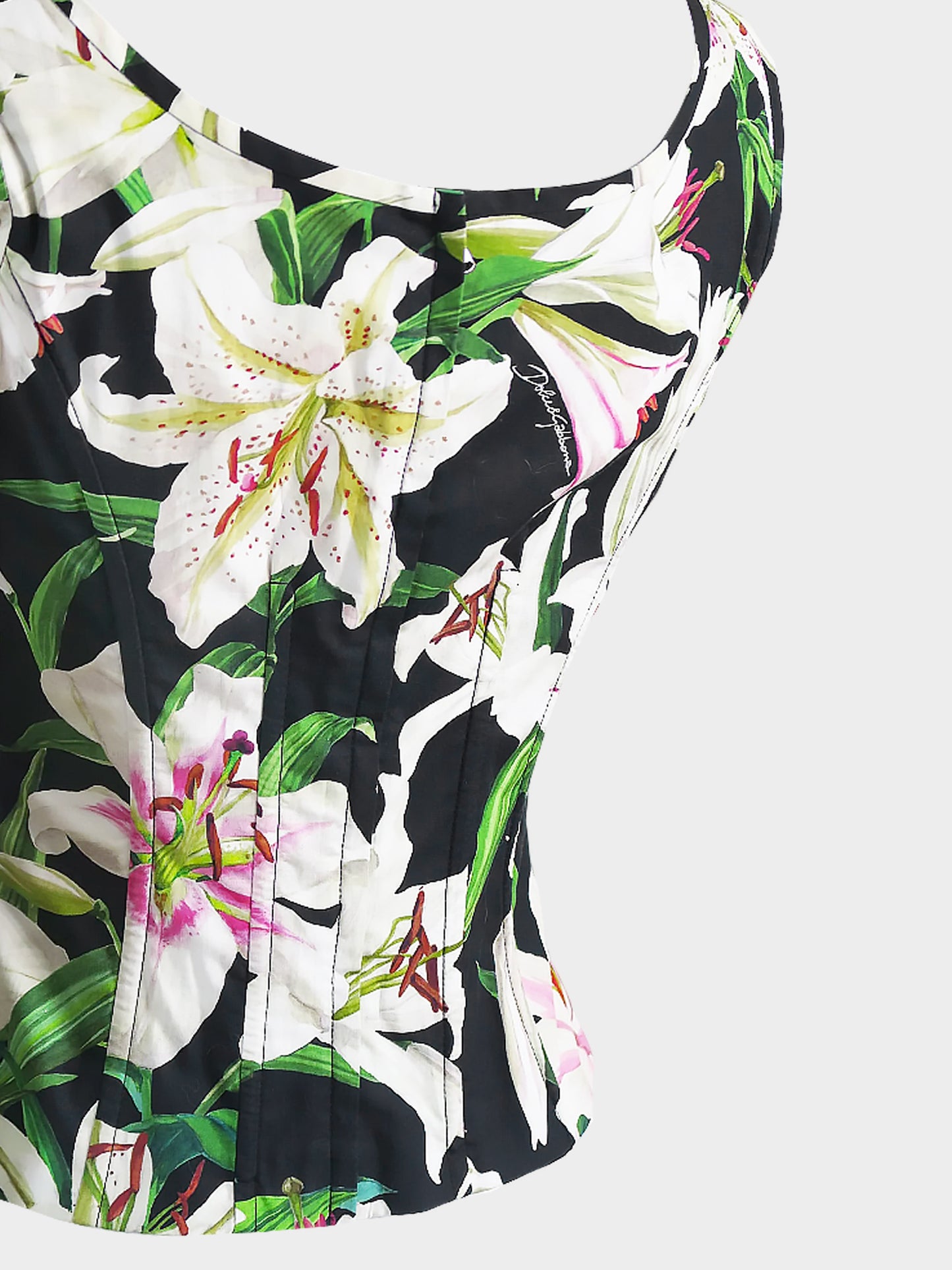 Dolce and Gabbana 2019 Black Lily-print Lace-up Corset Top