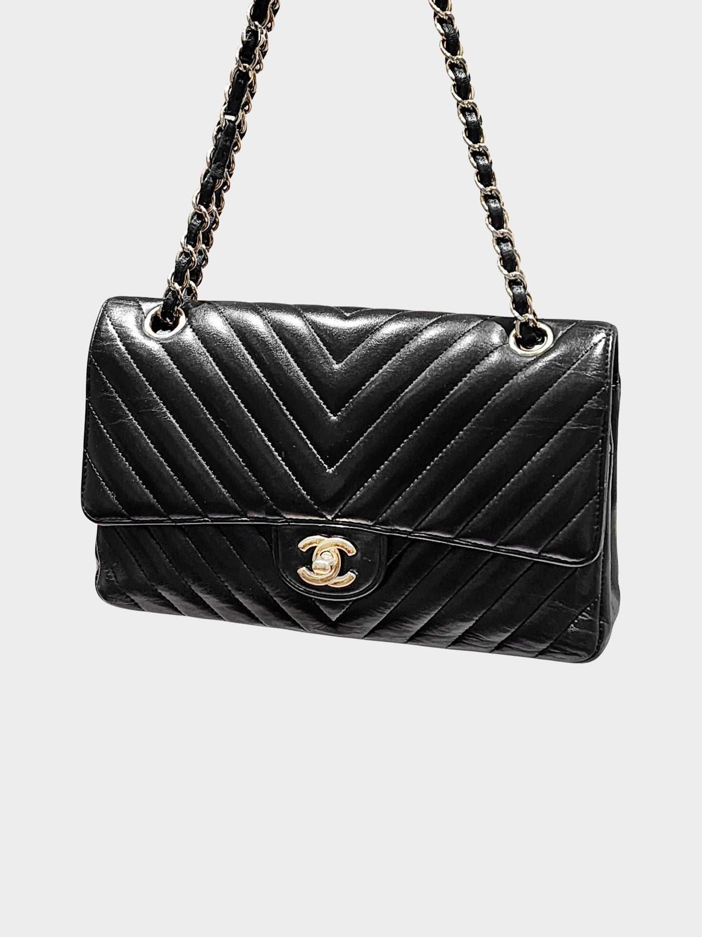 Chanel Late 2010s Black Lambskin Leather Chevron Stitch Medium Classic Flap Bag