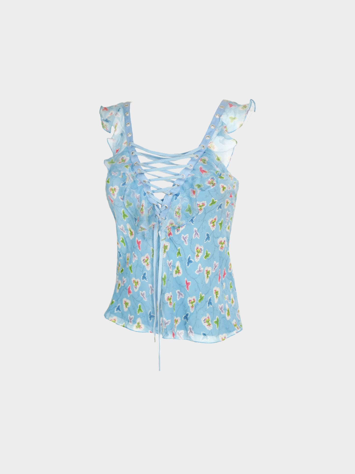 Christian Dior SS 2003 Blue Floral Print Chiffon Silk Top