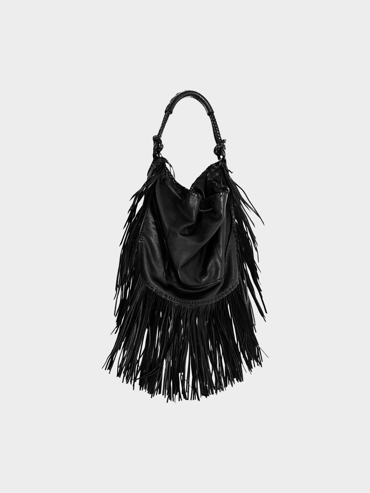 Ralph Lauren 2000s Black Leather Fringe Bucket Bag