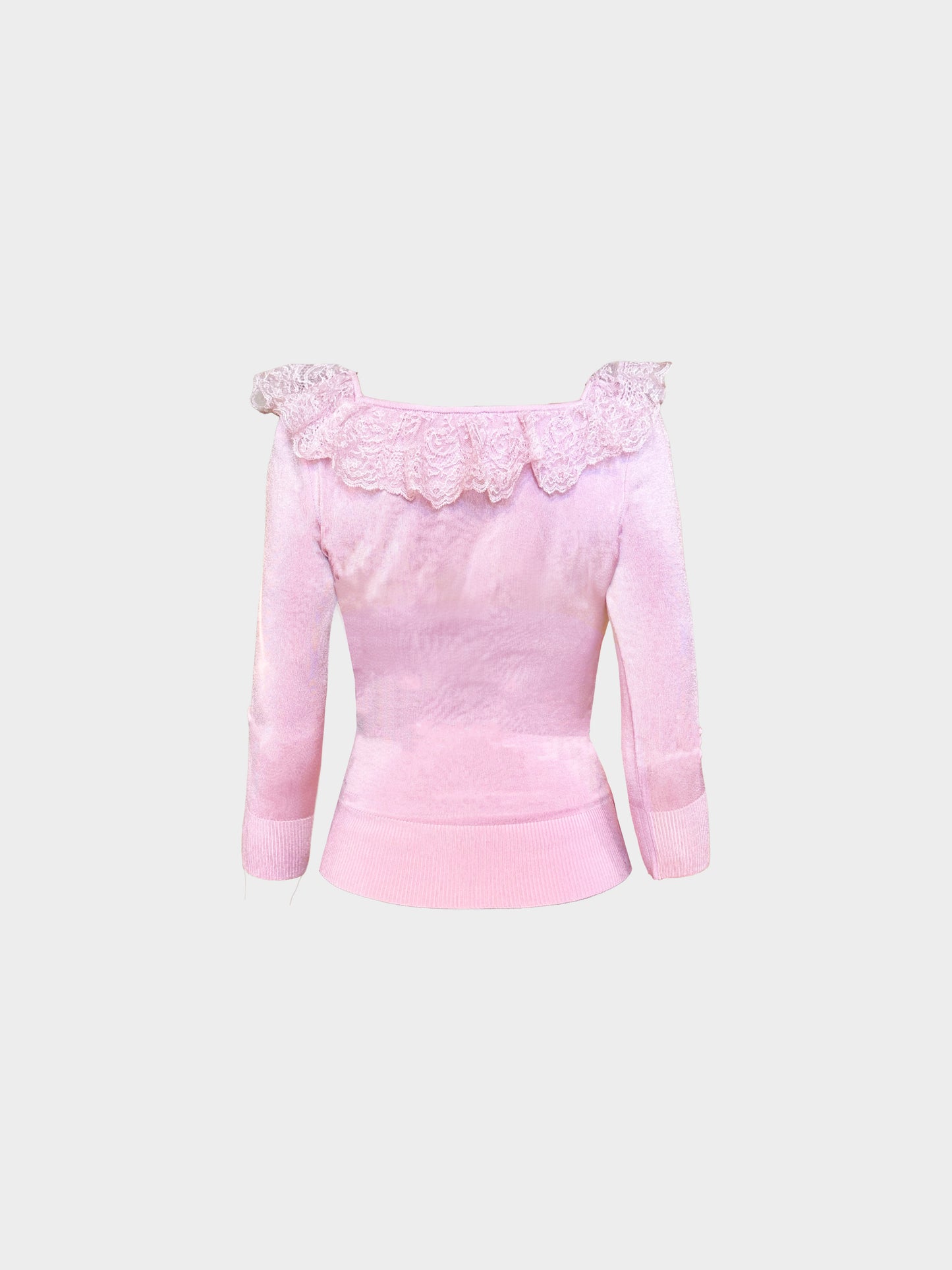 Valentino 2000s Pink Knitted Lace-up Blouse with Ruffled Lace