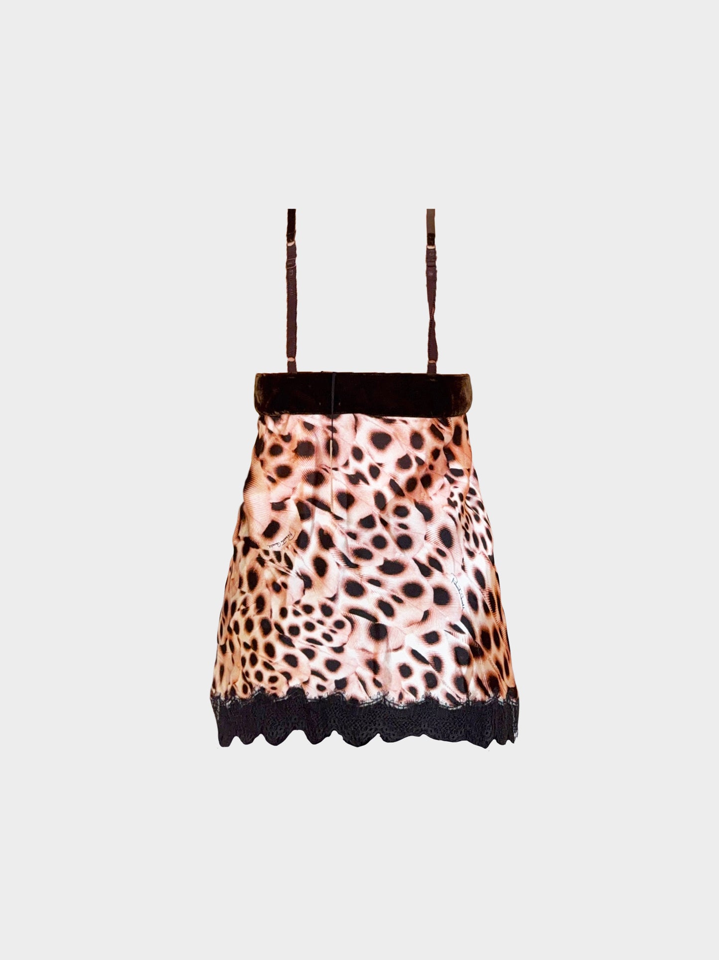 Roberto Cavalli 2000s Pink Leopard Print and Black Lace Silk Top with Velvet Bow