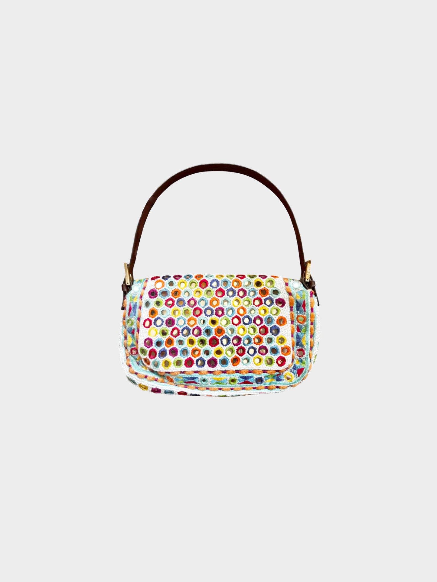 Fendi 1997 Rare Multicolor Specchietti Mirror and Pearl Embroidery Baguette Bag