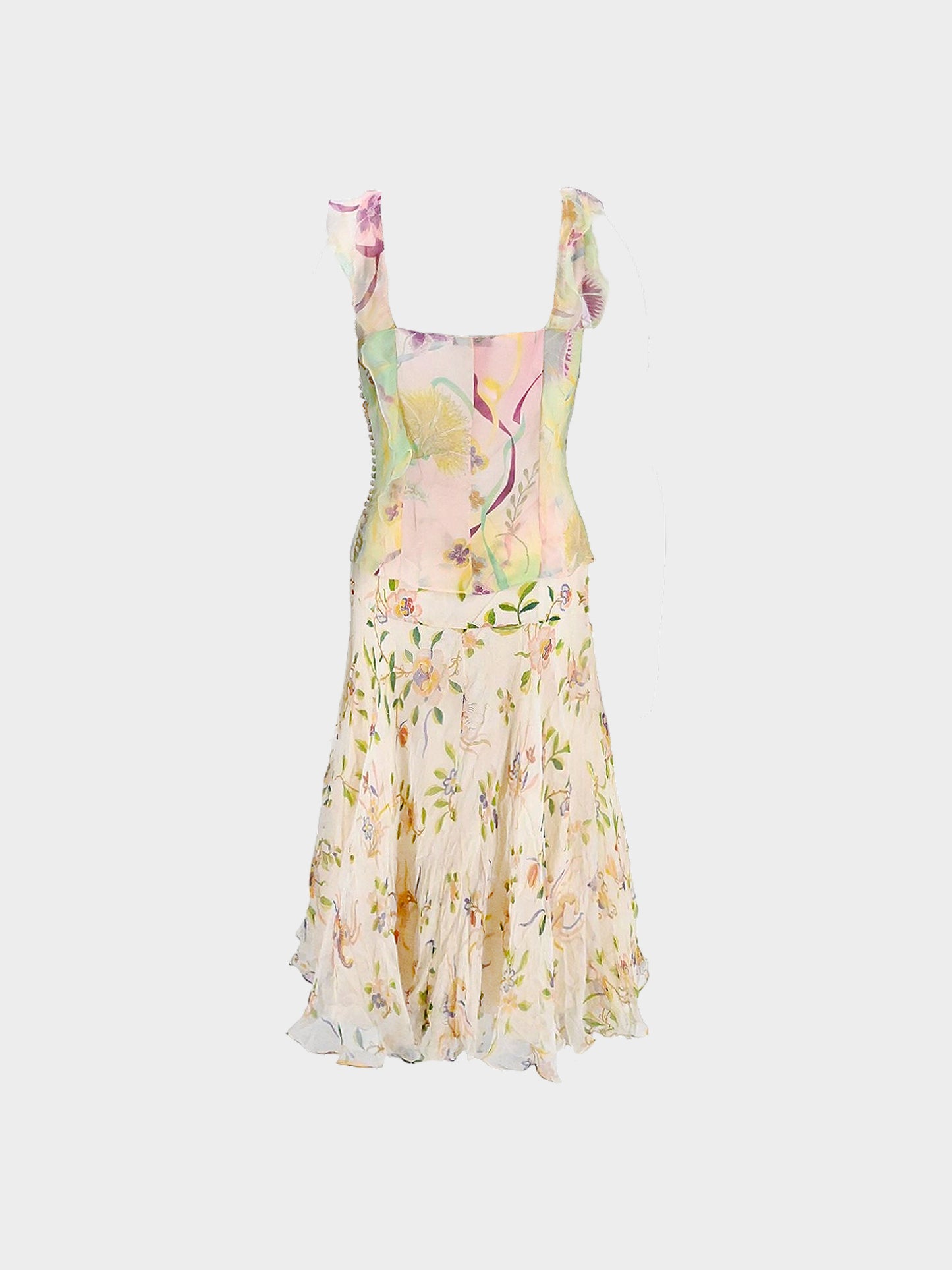 Christian Dior 2006 Multicolor Ruffled Floral Top and Flared Skirt Set