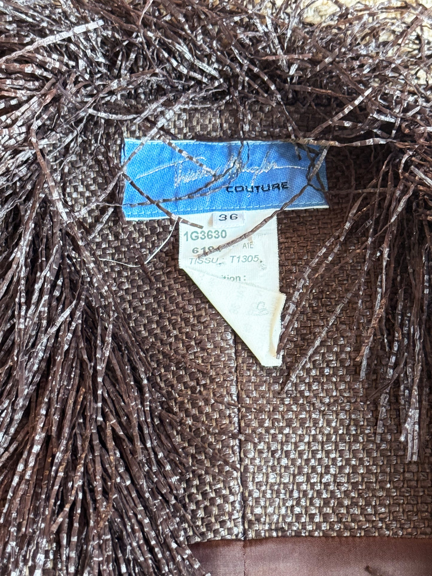 Thierry Mugler SS 2001 Brown Woven Raffia Fringed Vest