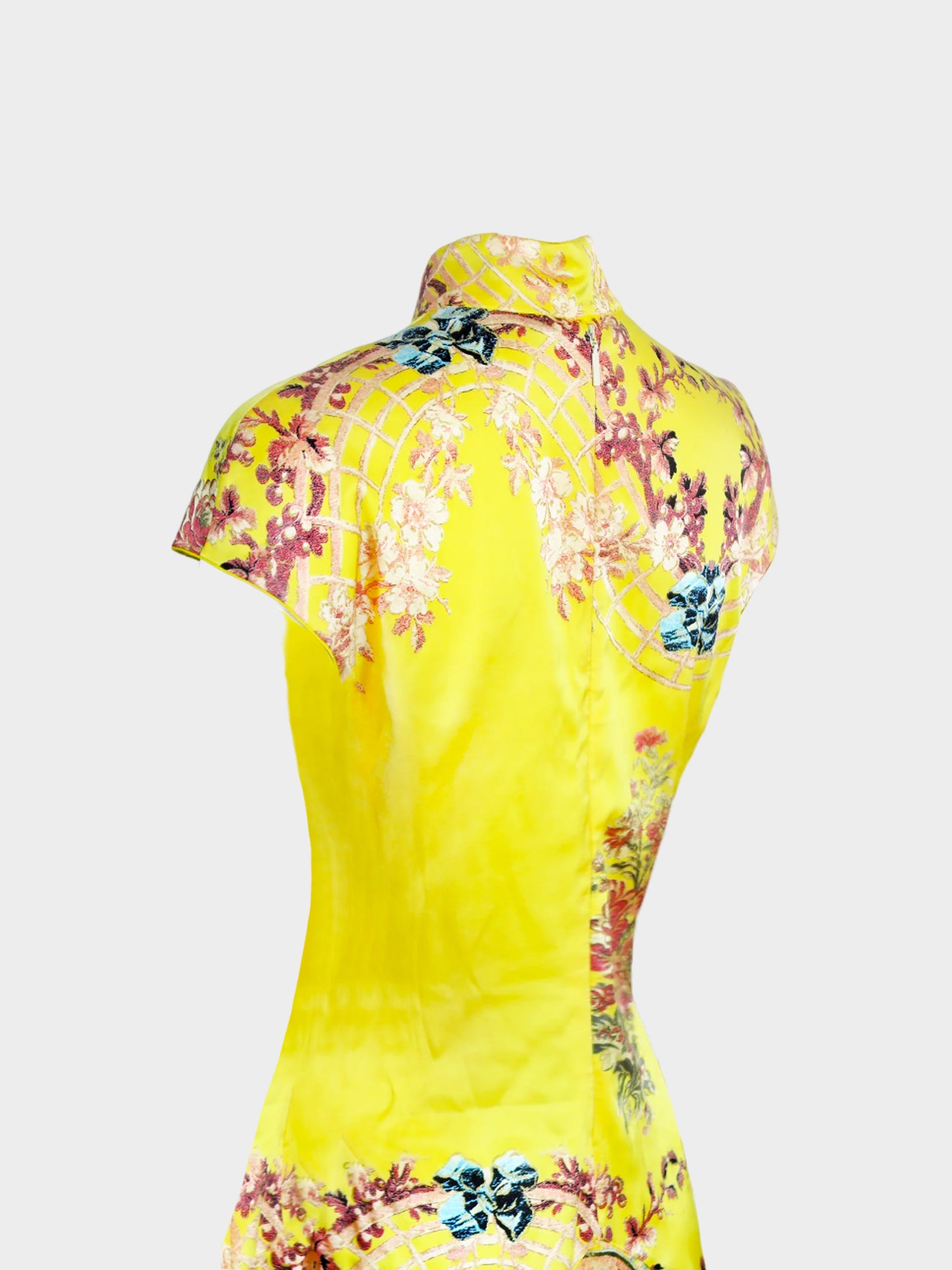 Roberto Cavalli SS 2003 Yellow Silk Bird Patterned Cheongsam Midi Dress