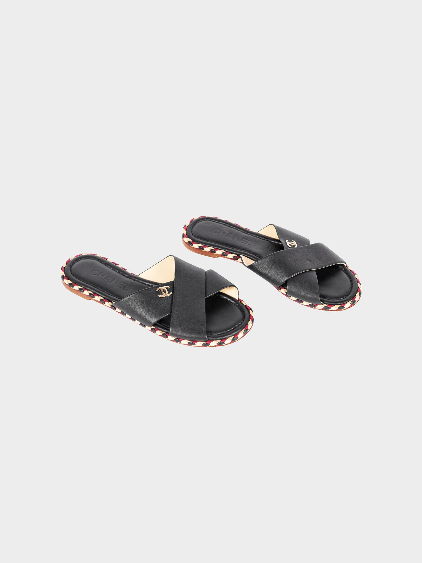 Chanel 2017 Black Lambskin CC Crisscross and Braided Flat Sandals