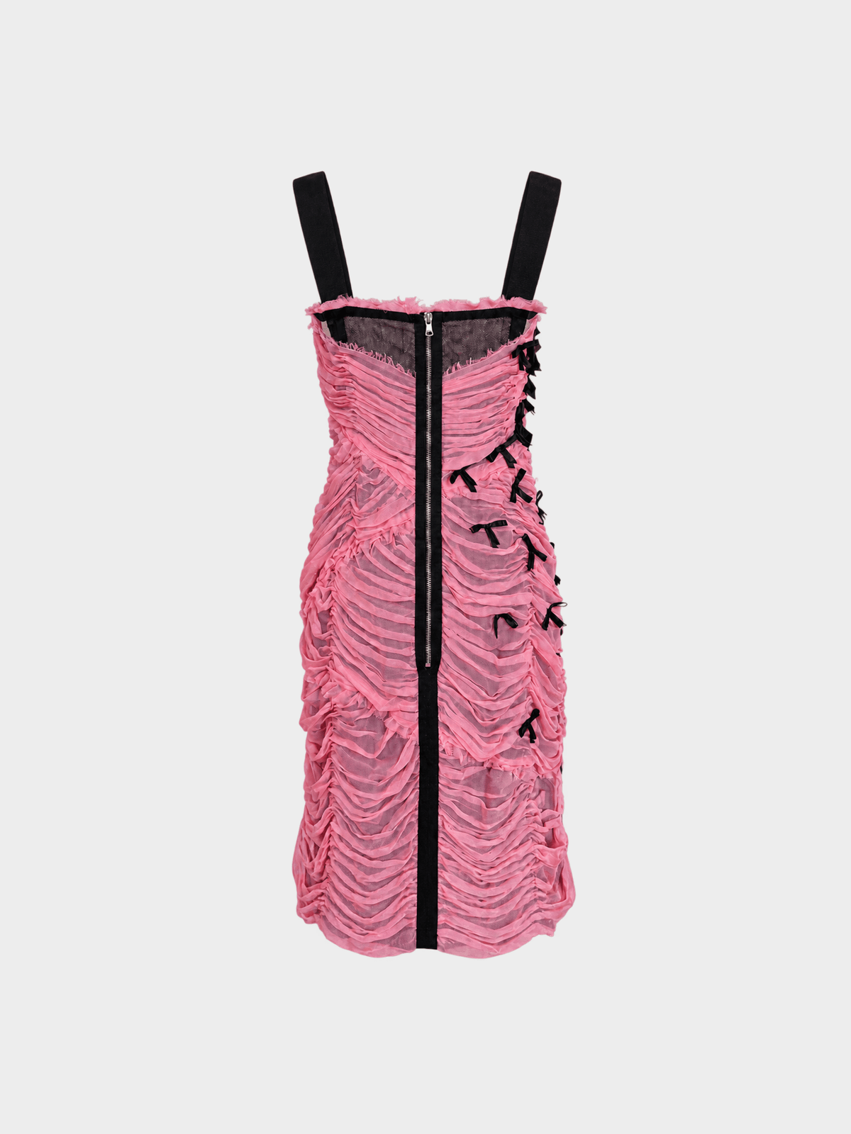 Dolce & Gabbana 2000s Pink Black Ruched Silk Chiffon Bow Appliqué Dress
