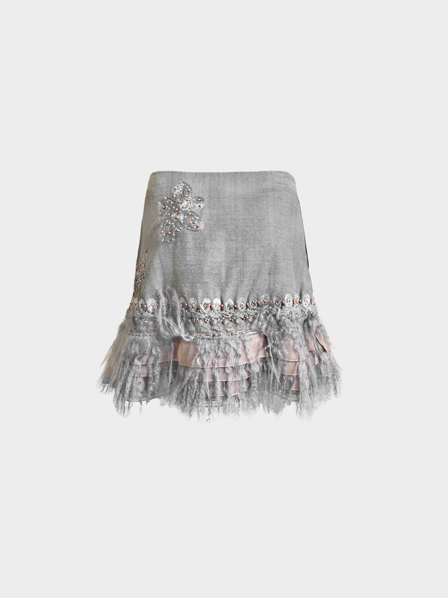 Chloé 2000s Grey Beaded Floral Embroidered and Fur Trim Skirt