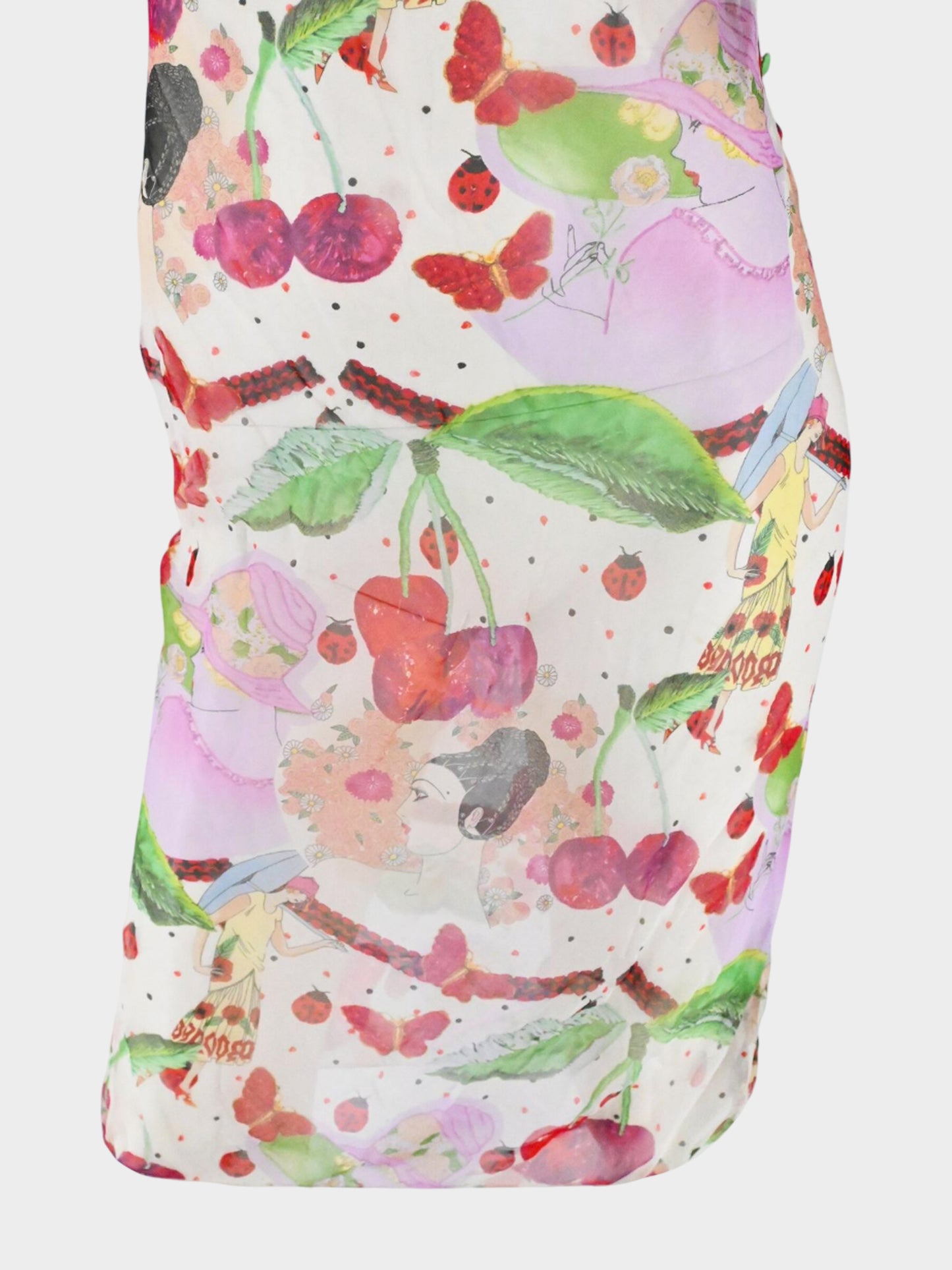John Galliano SS 2005 Cherries and Butterfly Print Silk Chiffon Dress