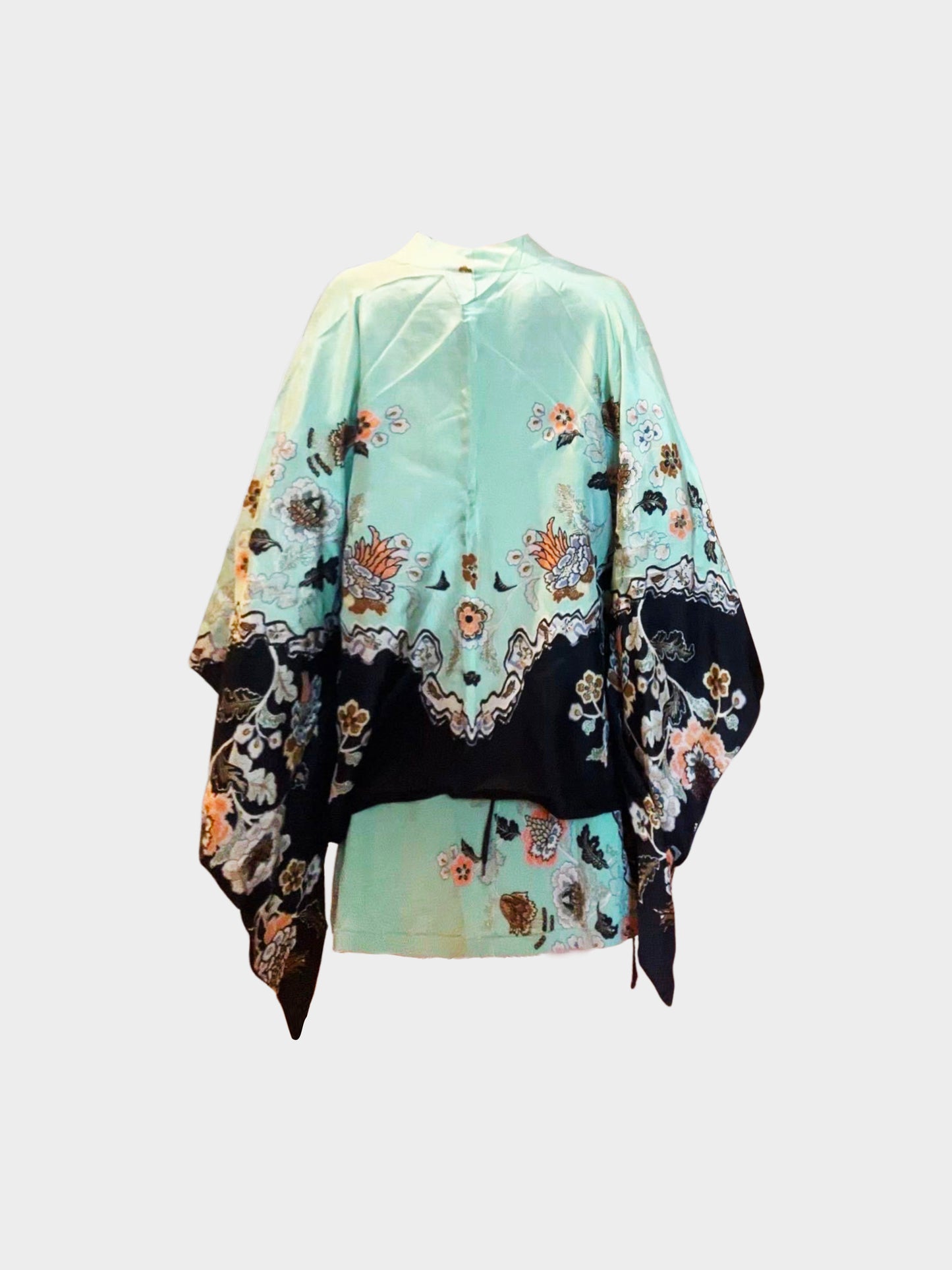 Roberto Cavalli SS 2003 Green and Black Chinoiserie Floral Print Silk Kimono and Skirt Set